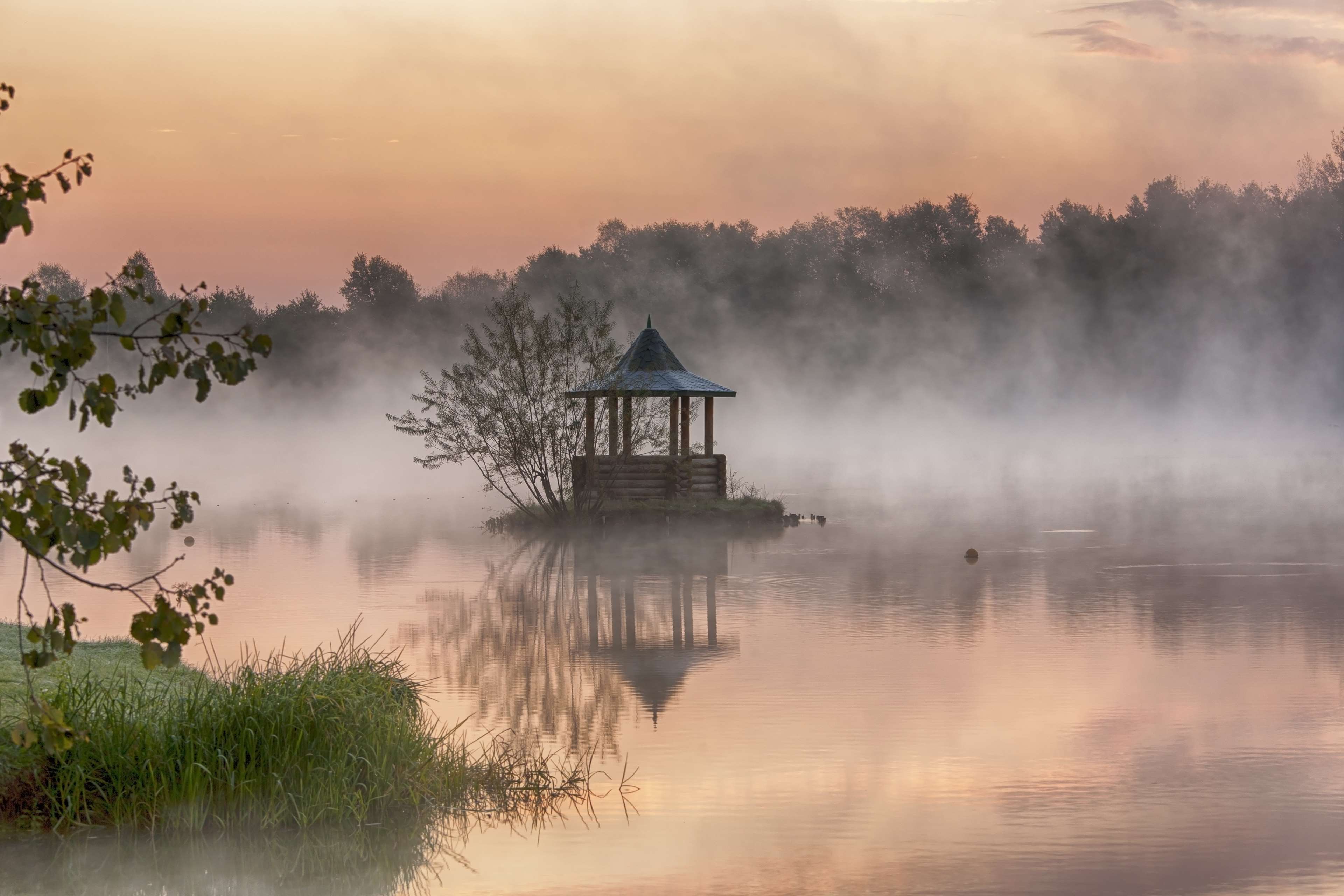 Gazebo on a misty lake at dawn HD Wallpaper