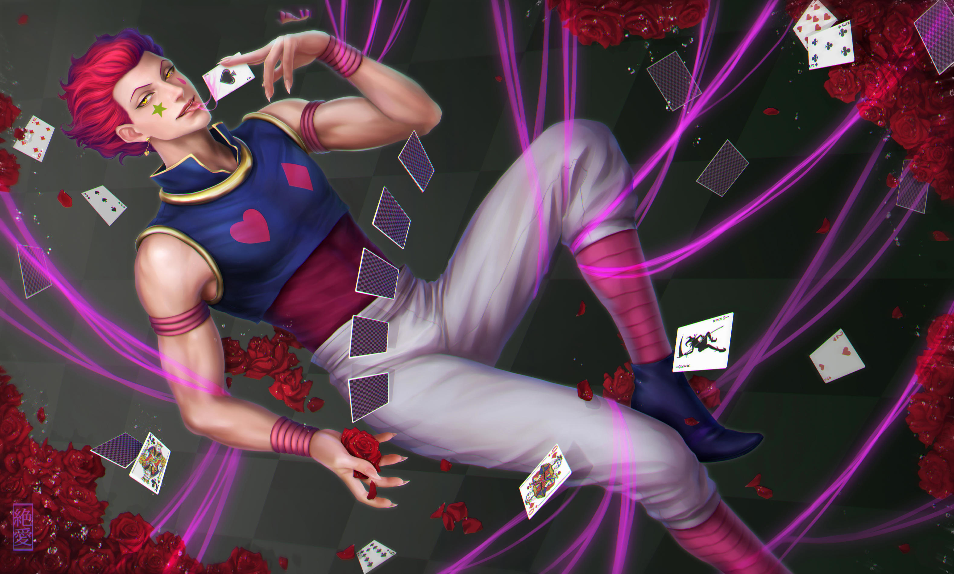 Hisoka from Hunter x Hunter with roses and cards HD Wallpaper