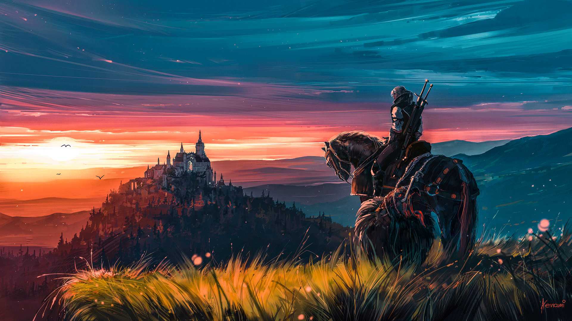 Geralt of Rivia from The Witcher 3 at sunset HD Wallpaper