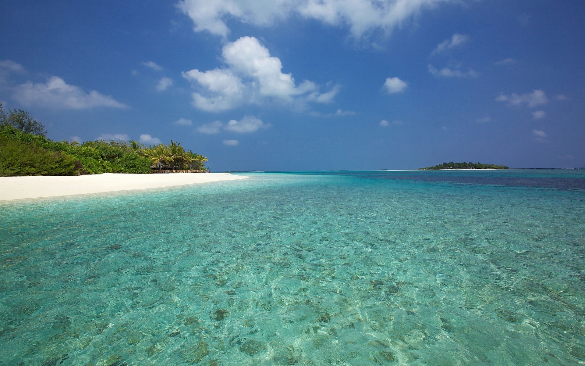 Tropical island with clear turquoise water and blue sky HD Wallpaper