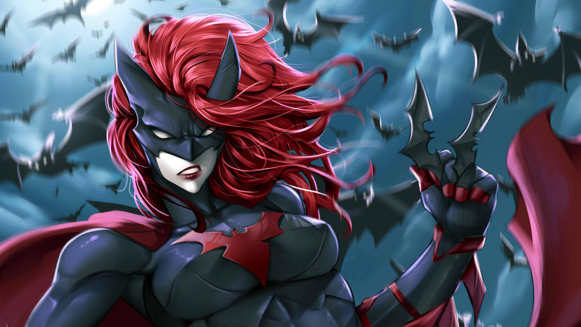 Batwoman with red hair and bats in the sky HD Wallpaper