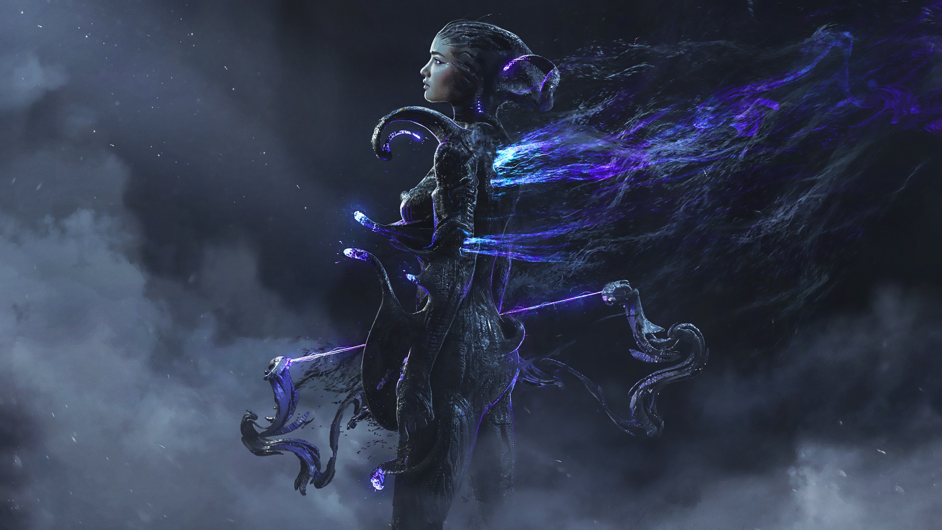 Woman with horns and bow, purple energy HD Wallpaper