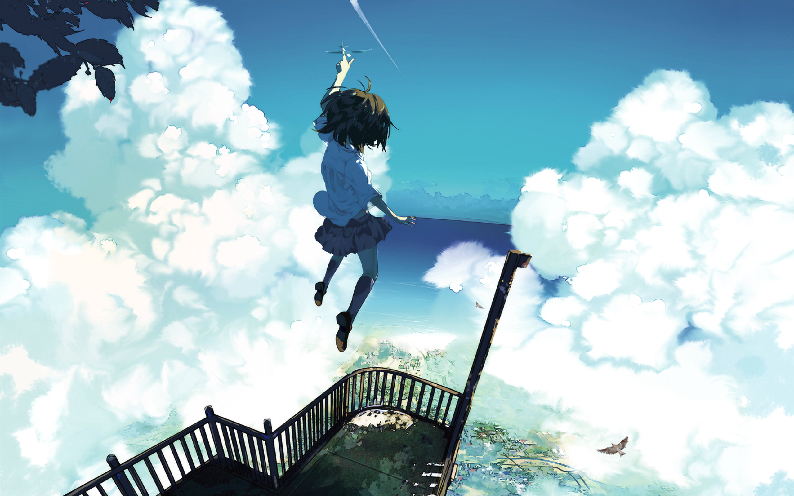 Anime girl jumping from a balcony into the sky HD Wallpaper