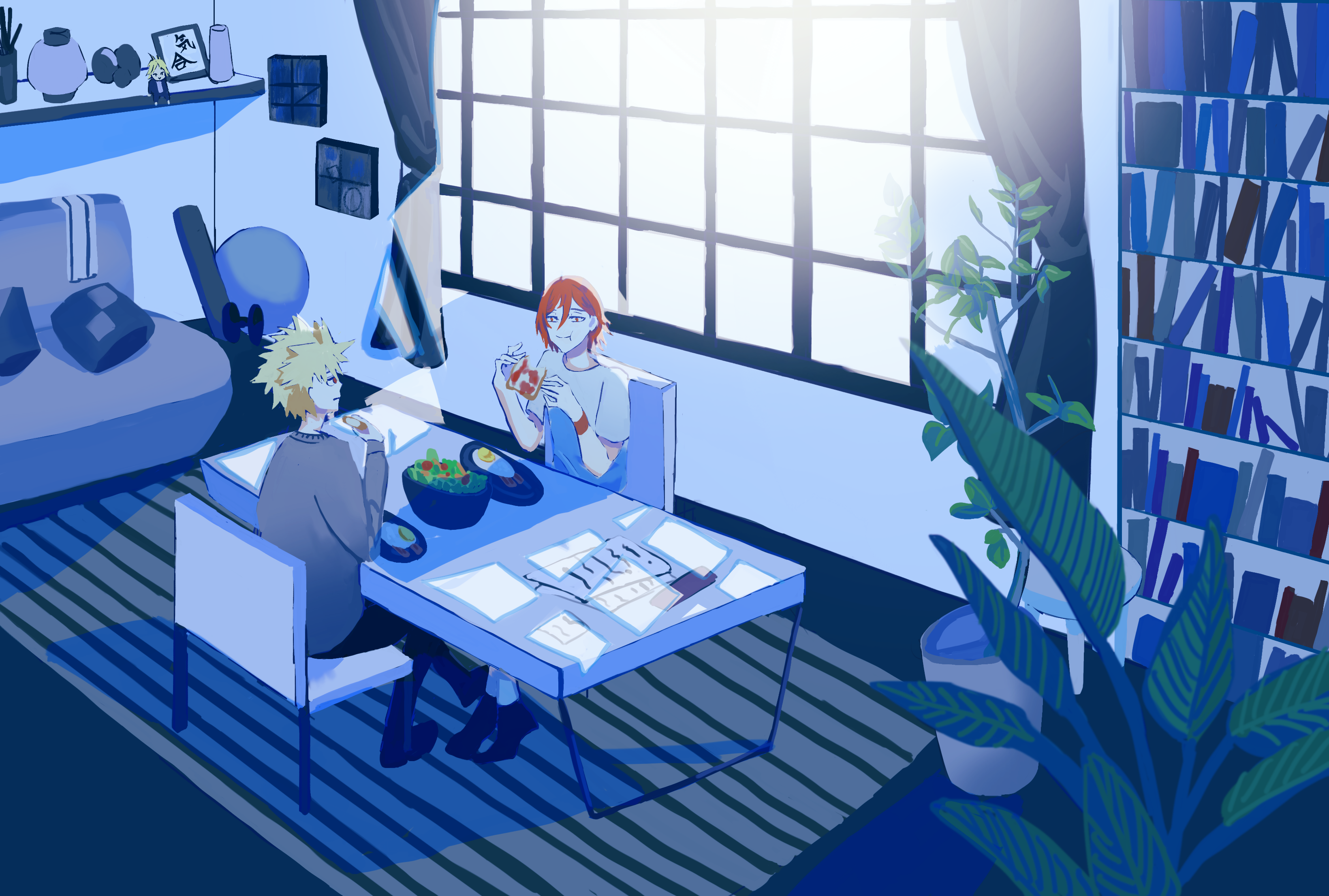 Katsuki Bakugou and Eijiro Kirishima eating breakfast HD Wallpaper