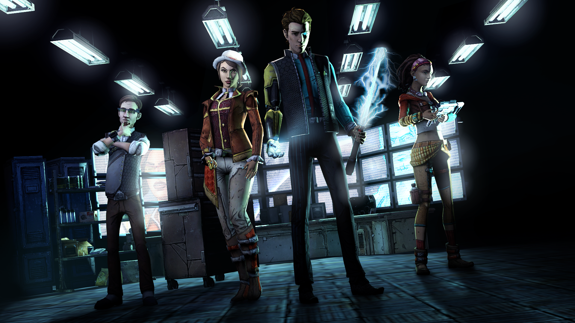 Four characters in a futuristic lab HD Wallpaper