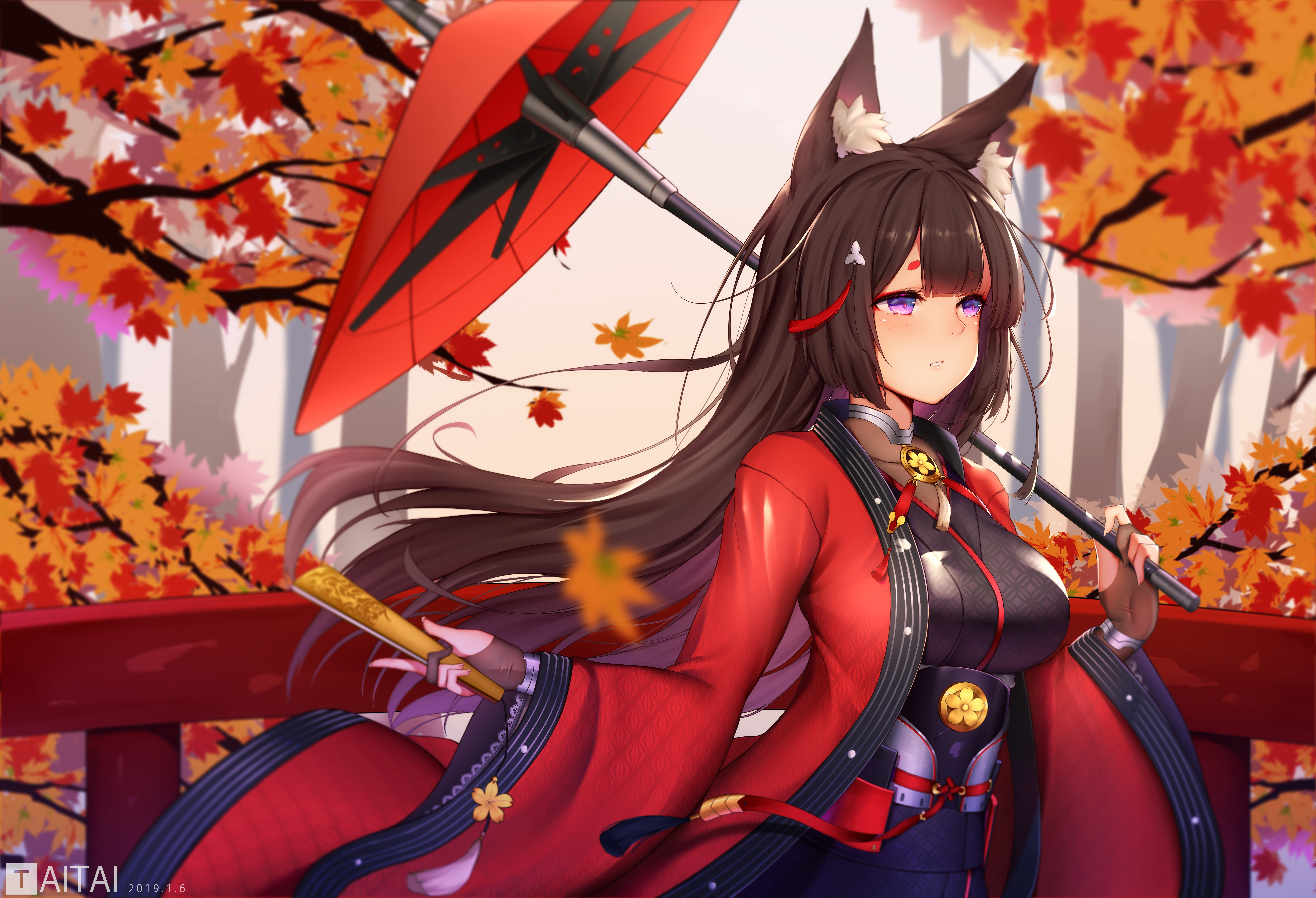 Amagi from Azur Lane with umbrella and fan HD Wallpaper