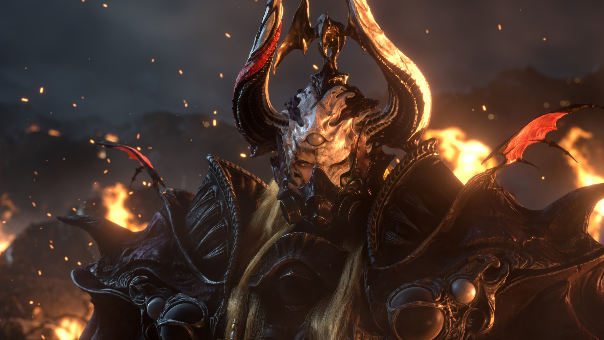 Final Fantasy XIV: Shadowbringers character with horns and fire HD Wallpaper
