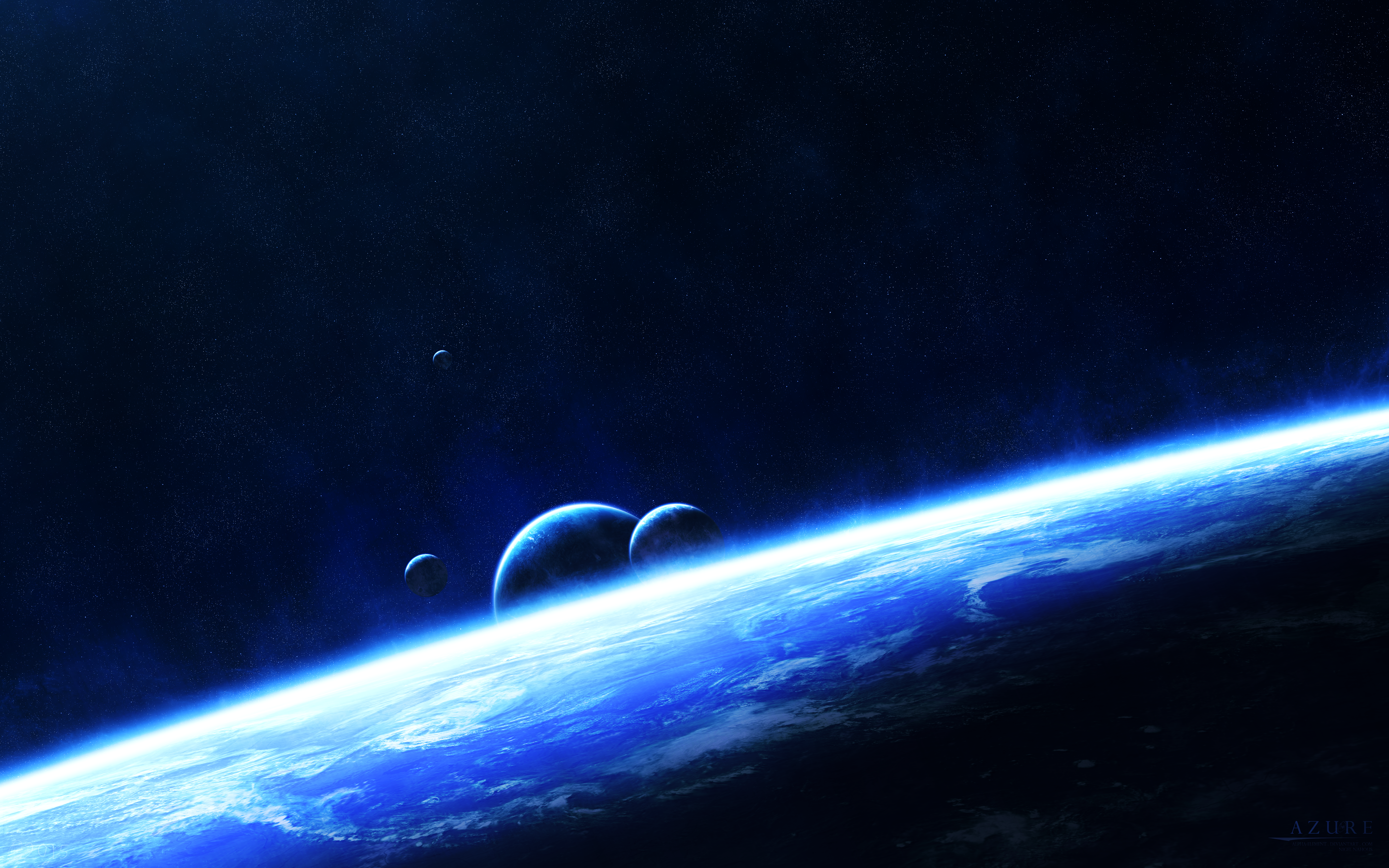 Planets in deep space with glowing blue atmosphere HD Wallpaper