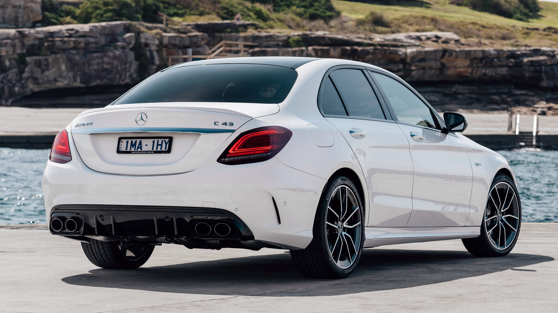 White Mercedes-AMG C 43 Sedan by the Water HD Wallpaper