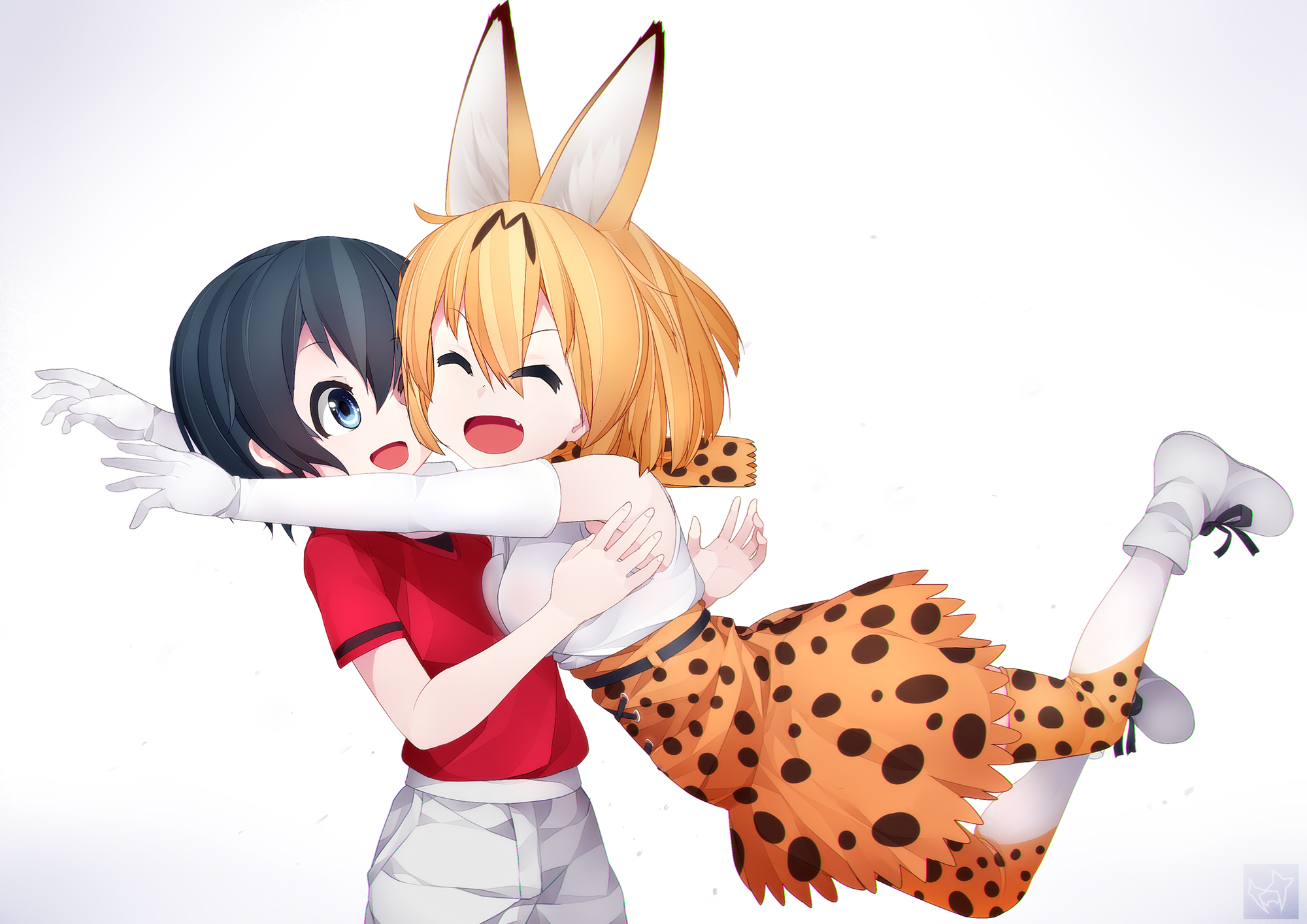 Kaban and Serval from Kemono Friends hugging HD Wallpaper