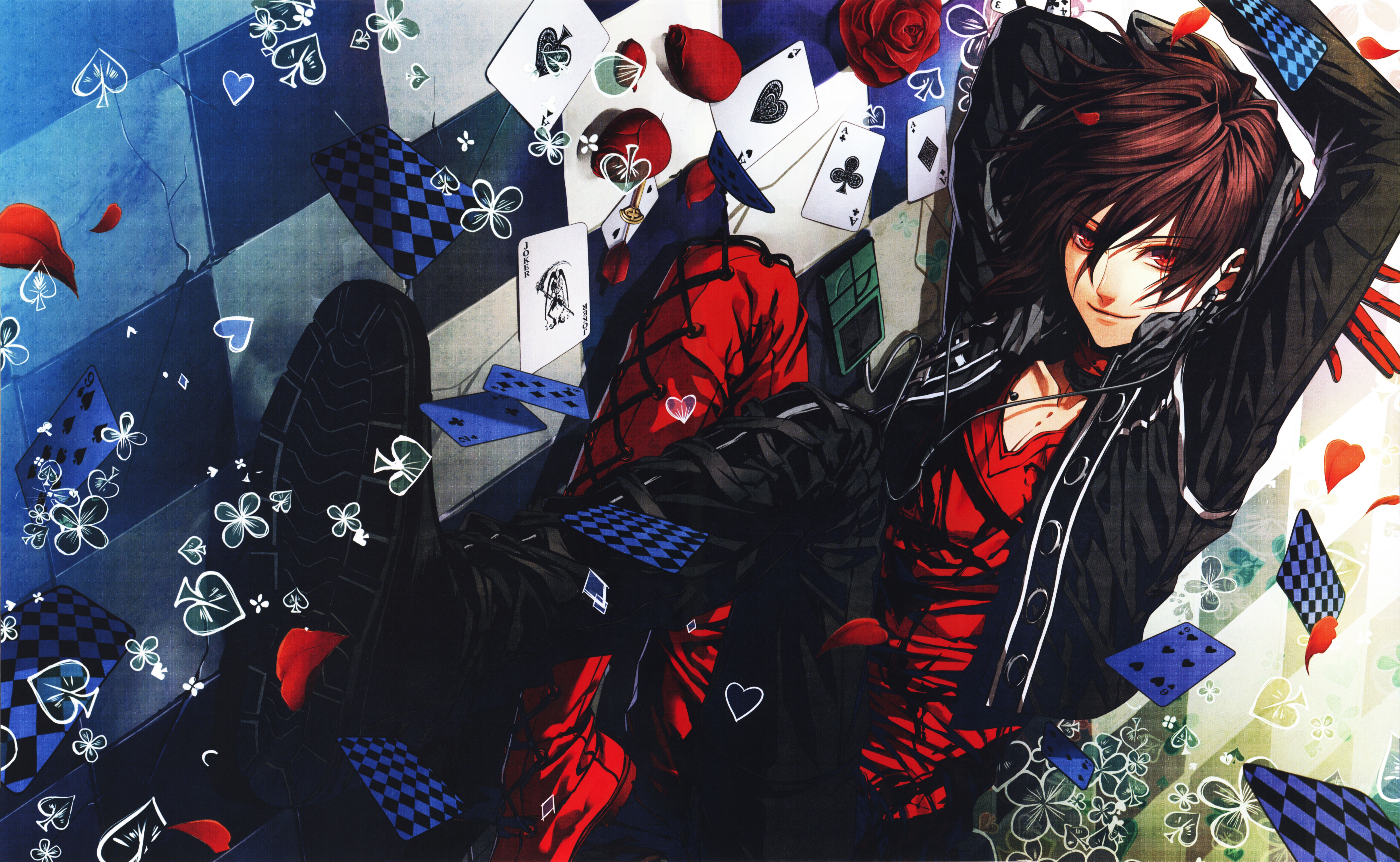 Shin from Amnesia lying down with cards HD Wallpaper