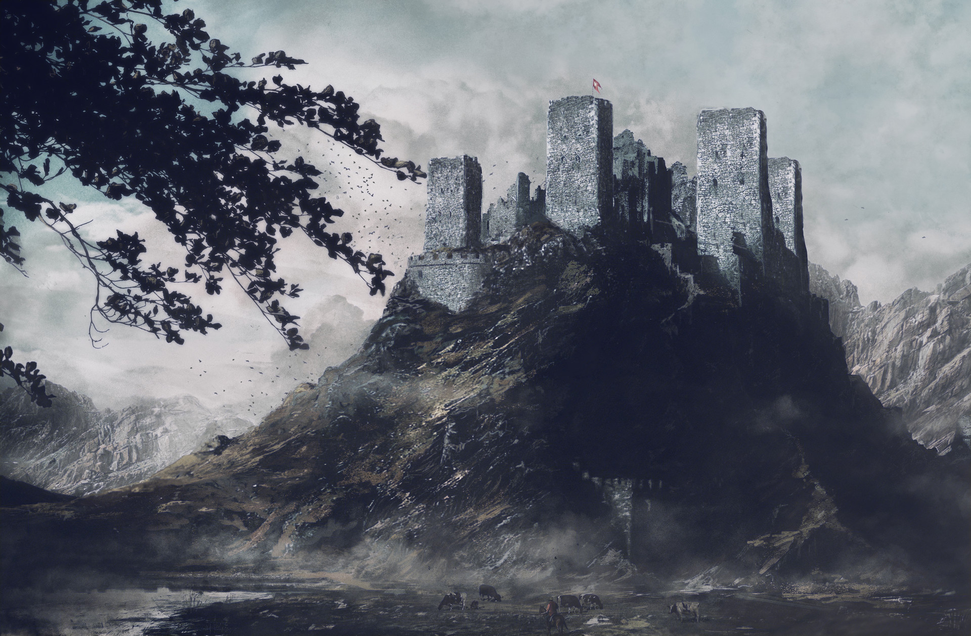 Ruined castle on a mountain with fog and cows HD Wallpaper