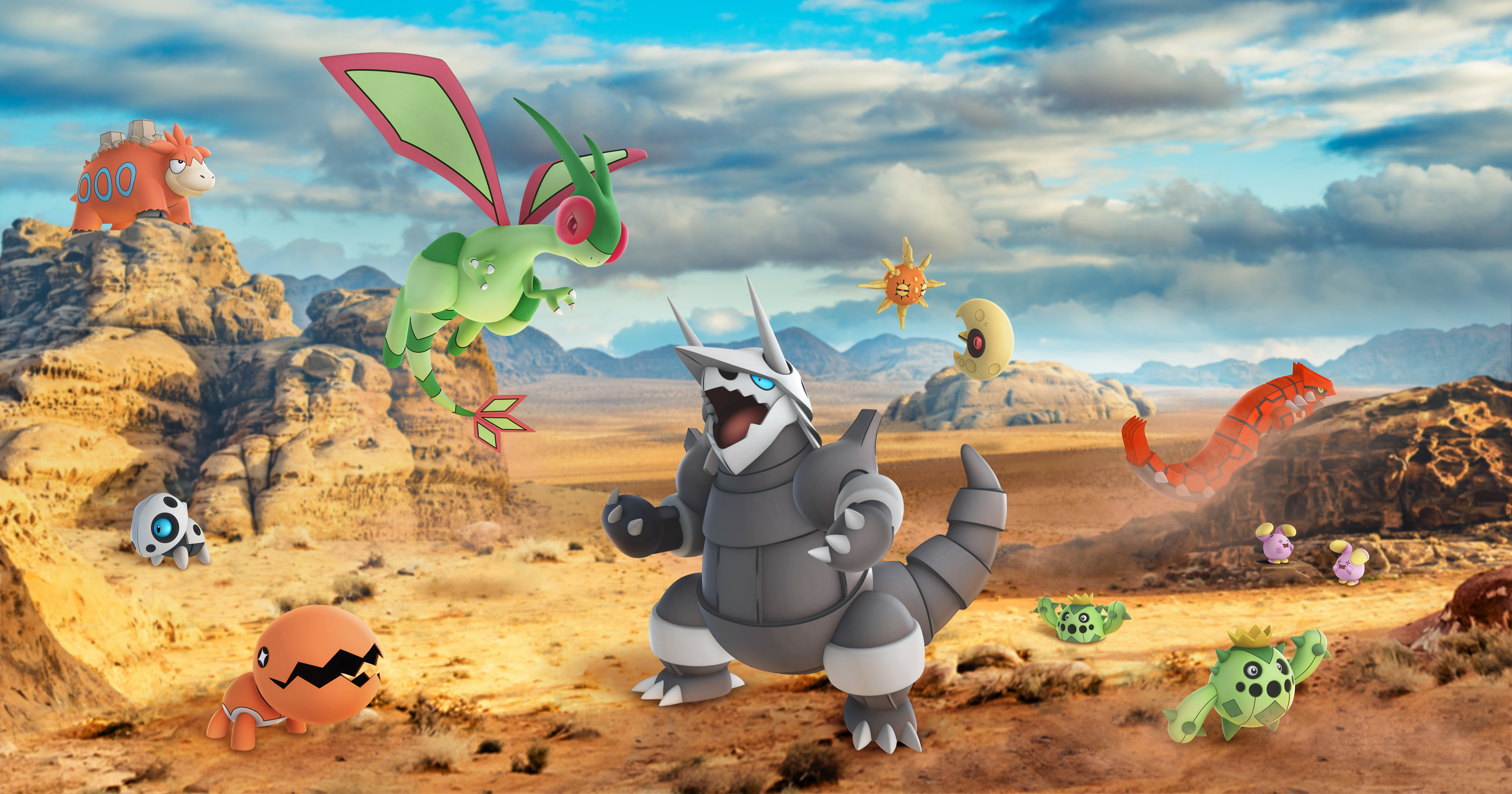 Desert battle scene with Groudon and diverse Pokémon HD Wallpaper