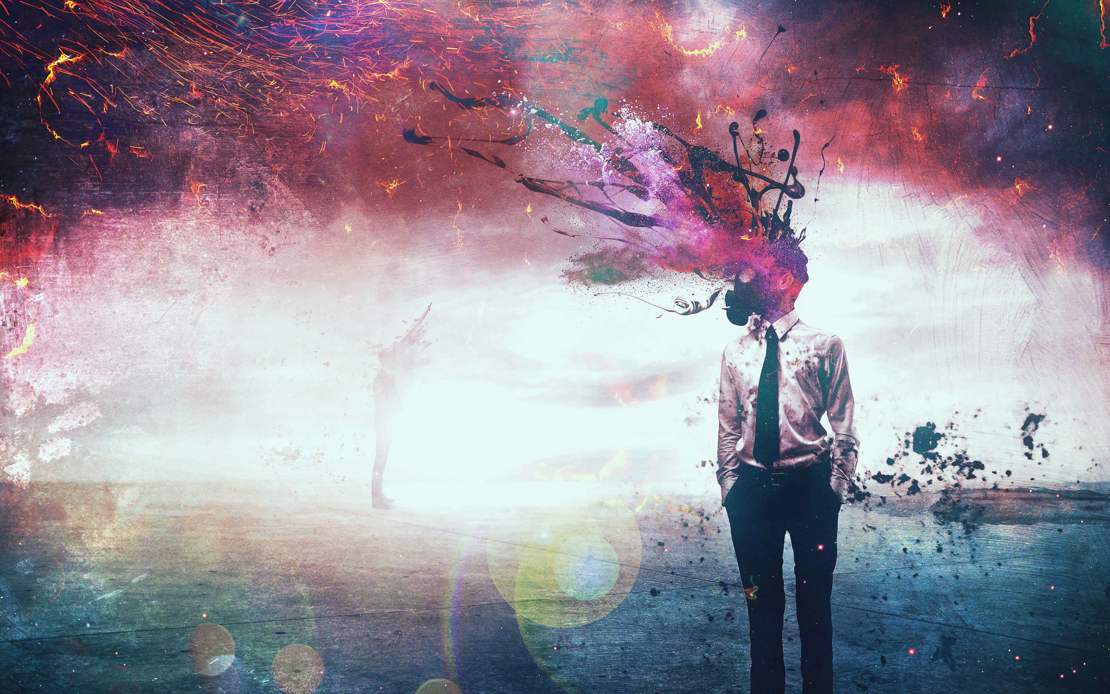 Man with gas mask and exploding colorful head HD Wallpaper