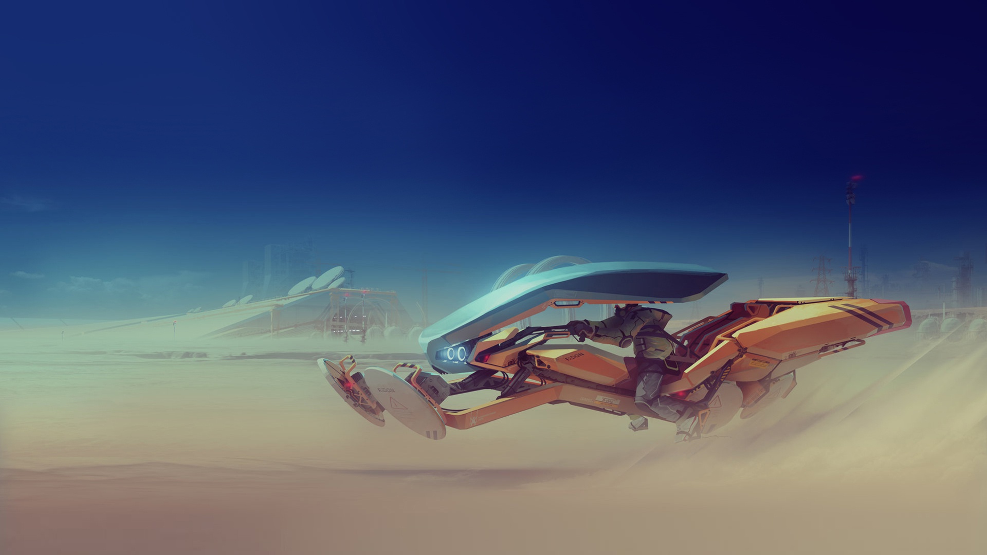 Futuristic vehicle driving through a desert HD Wallpaper