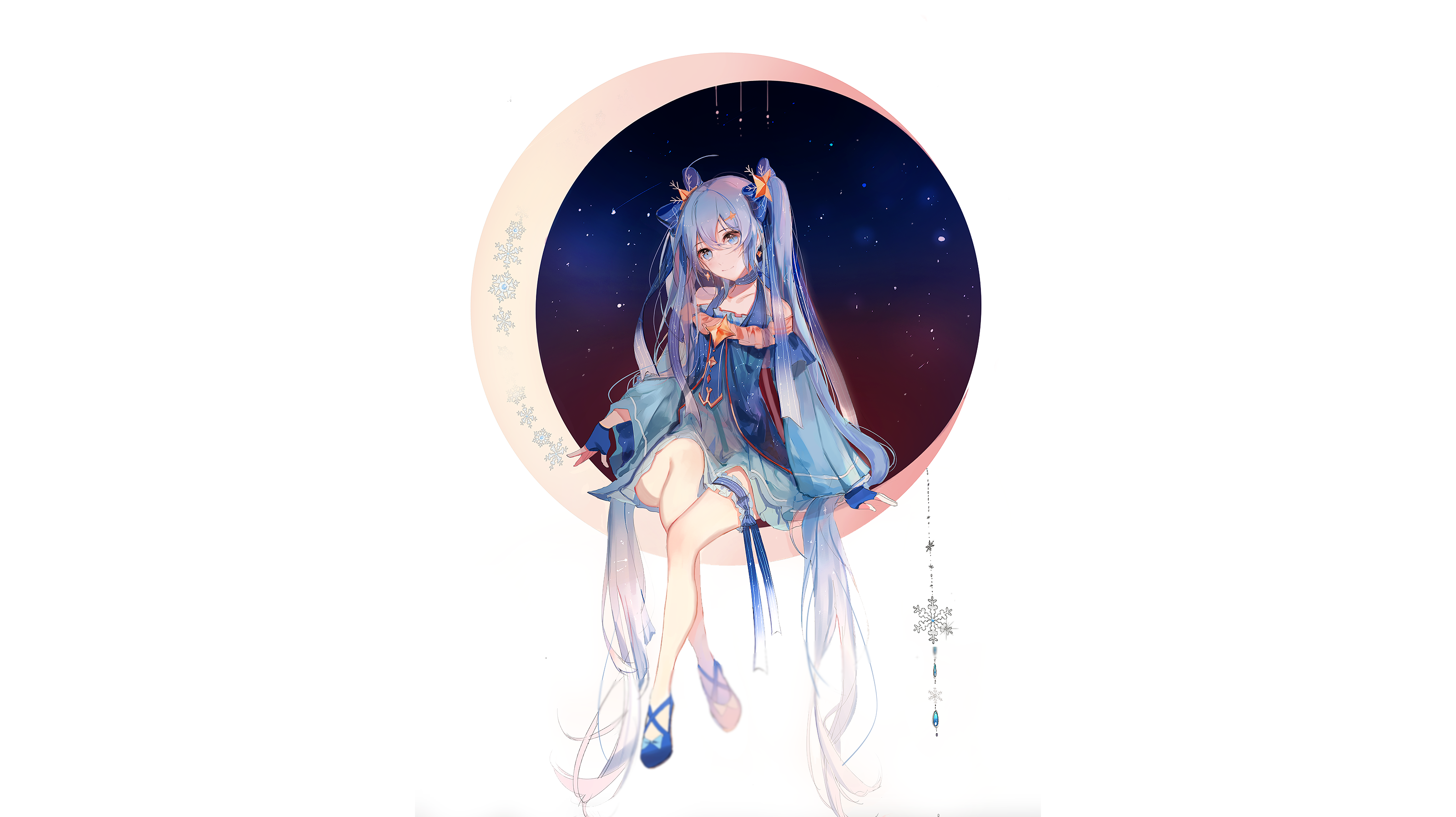Anime girl with blue hair and eyes on a moon HD Wallpaper
