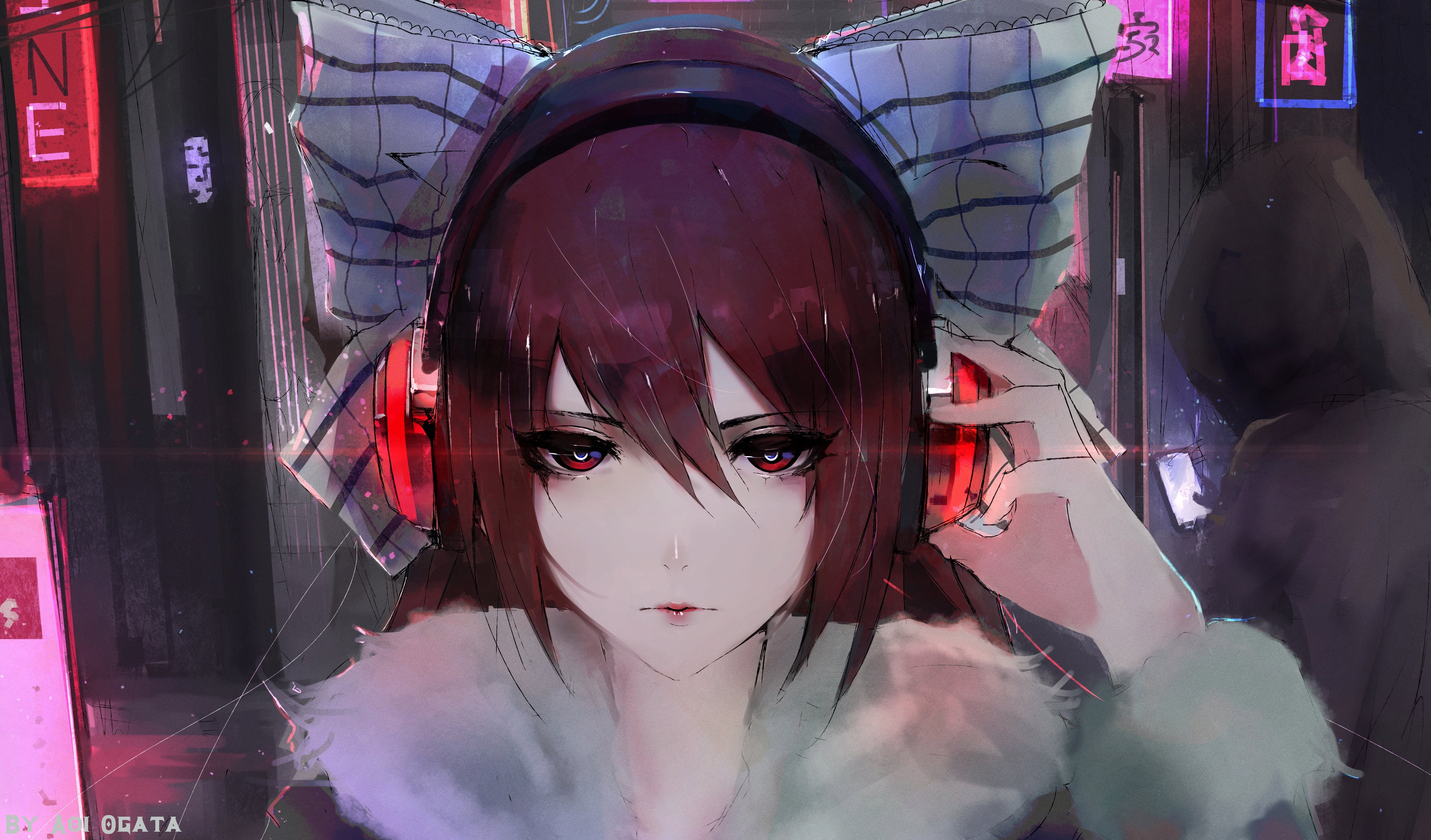 Anime girl with headphones in a neon city HD Wallpaper