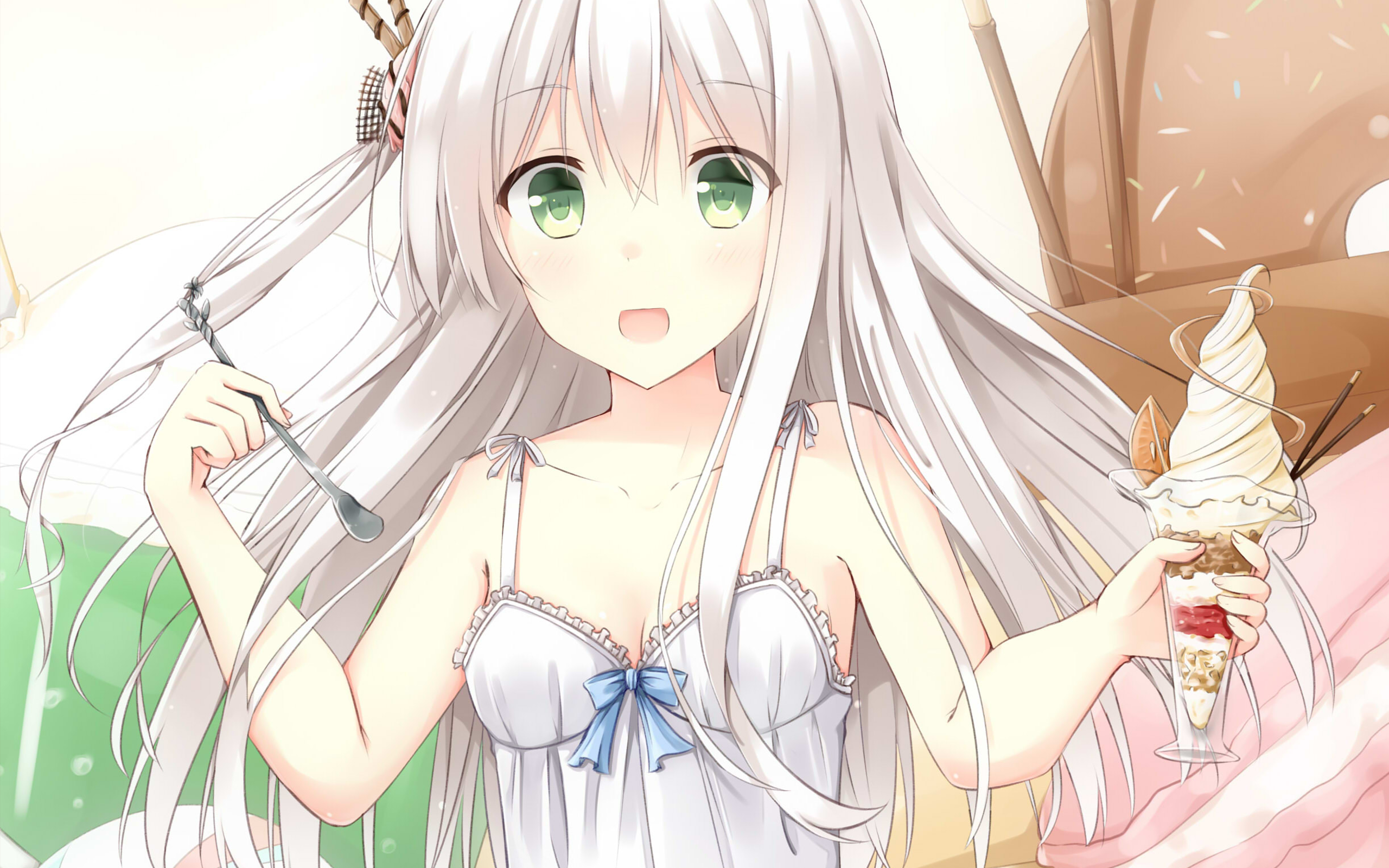 Girl with white hair and green eyes holding ice cream HD Wallpaper