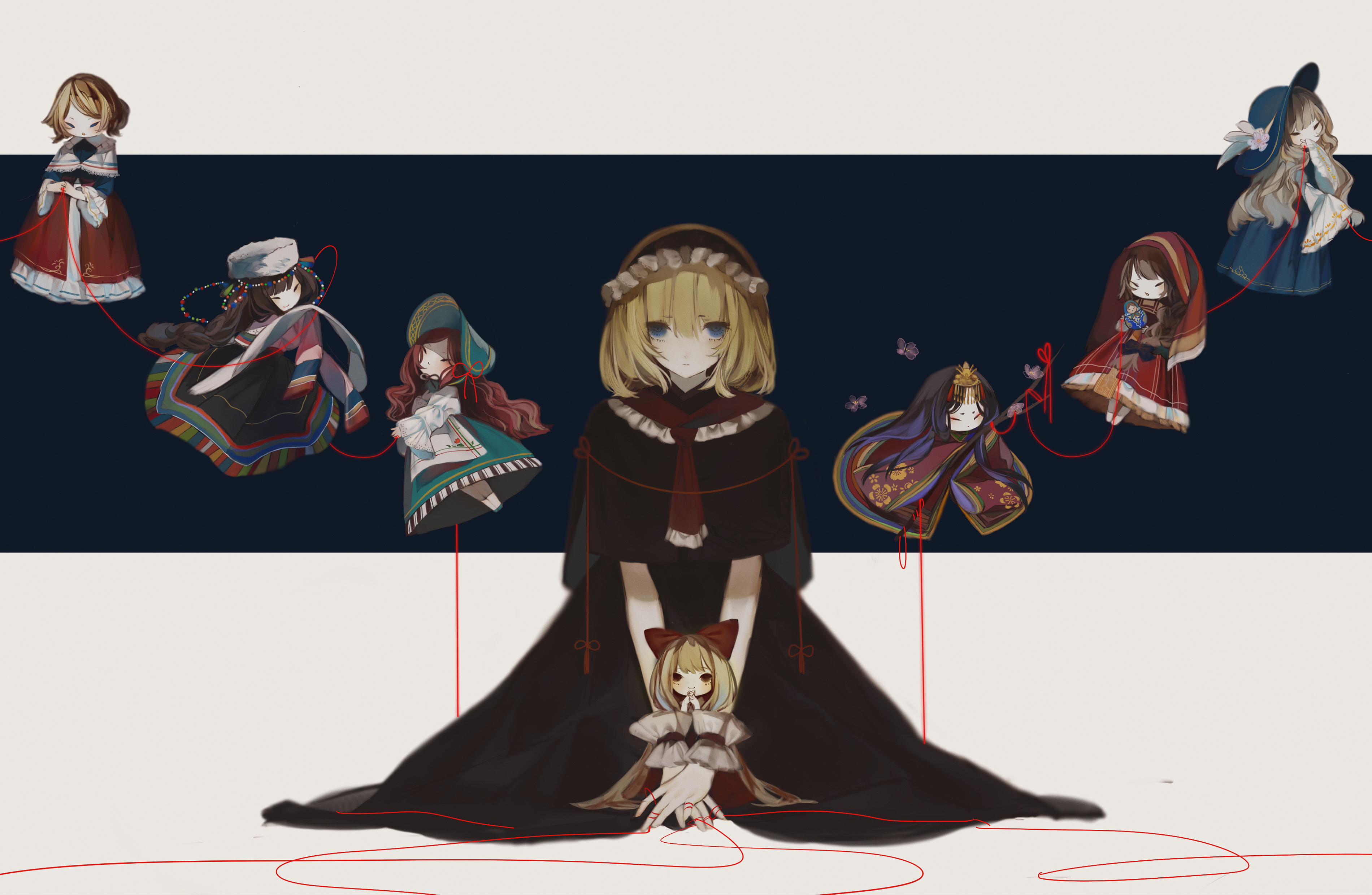 Alice Margatroid and dolls connected by red strings HD Wallpaper