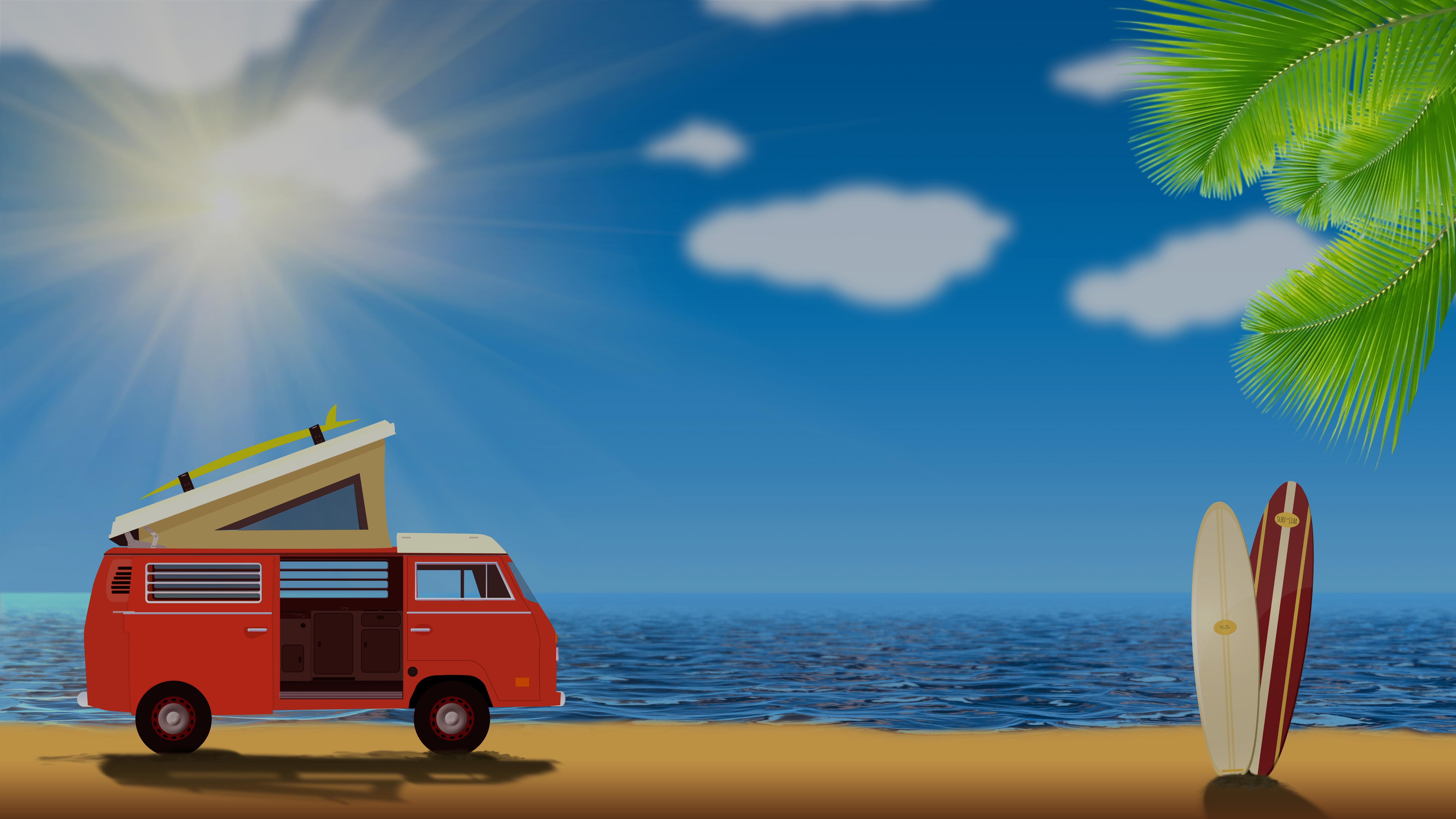 Red Volkswagen van with surfboards on a beach HD Wallpaper