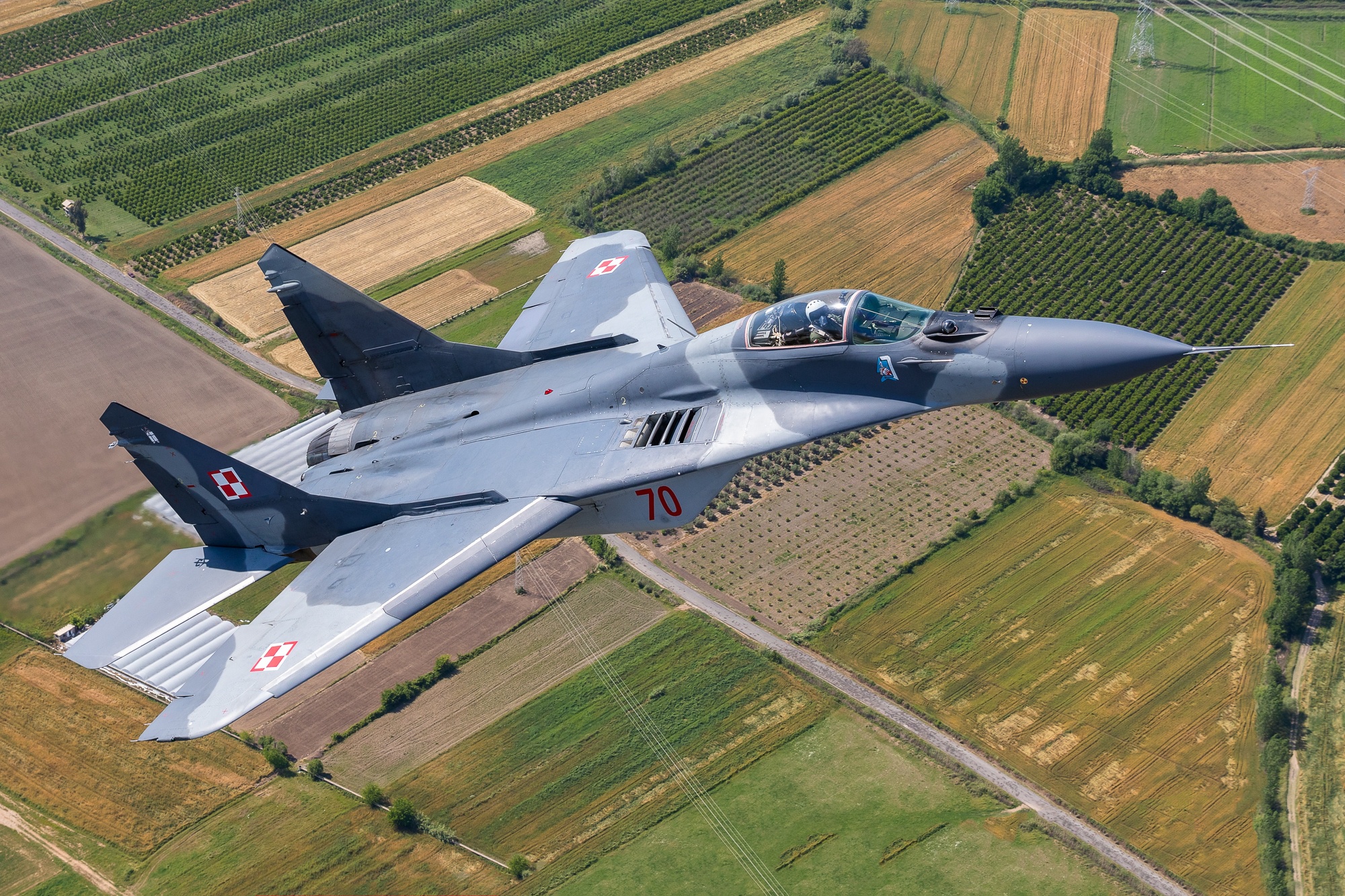 Mikoyan MiG-29 fighter jet flying over fields HD Wallpaper