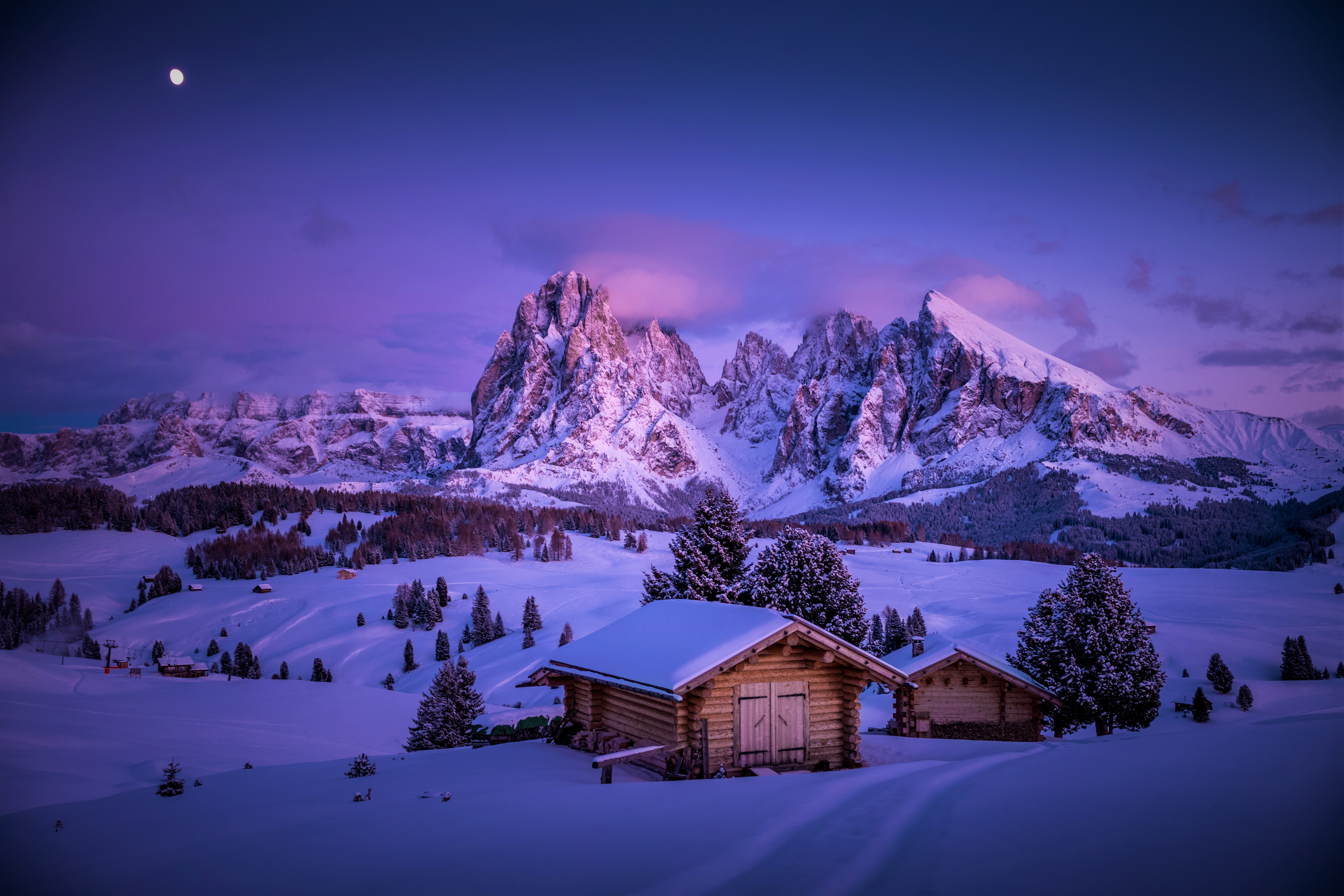 Winter mountain landscape with cabins and moon HD Wallpaper