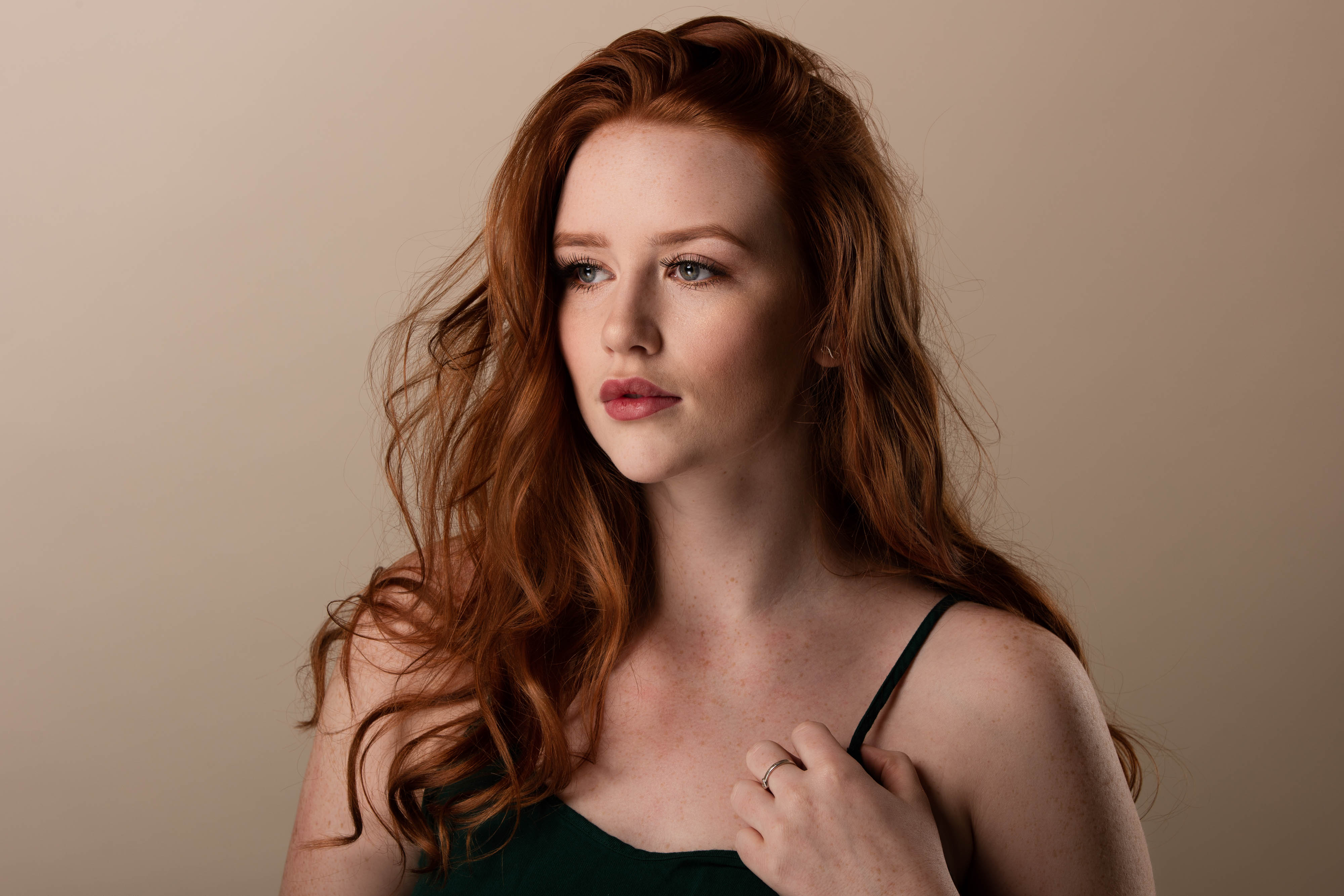 Redhead woman with long wavy hair and blue eyes HD Wallpaper