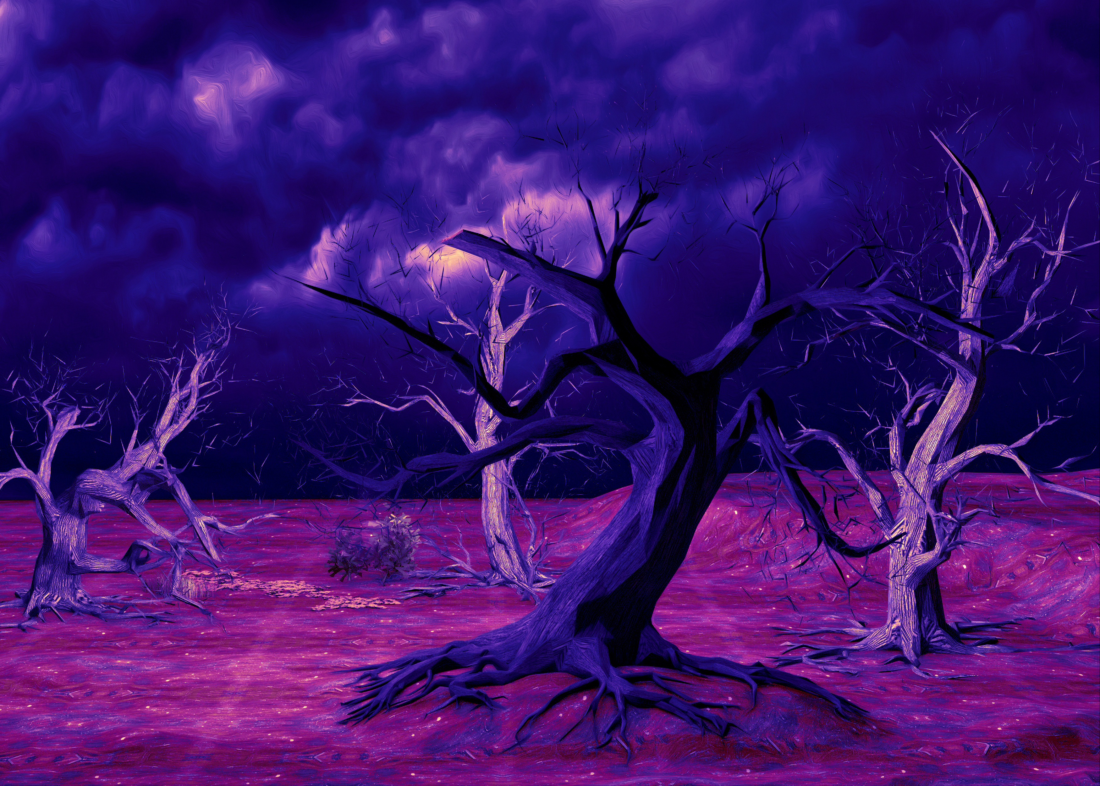 Dark spooky trees under a purple stormy sky HD Wallpaper