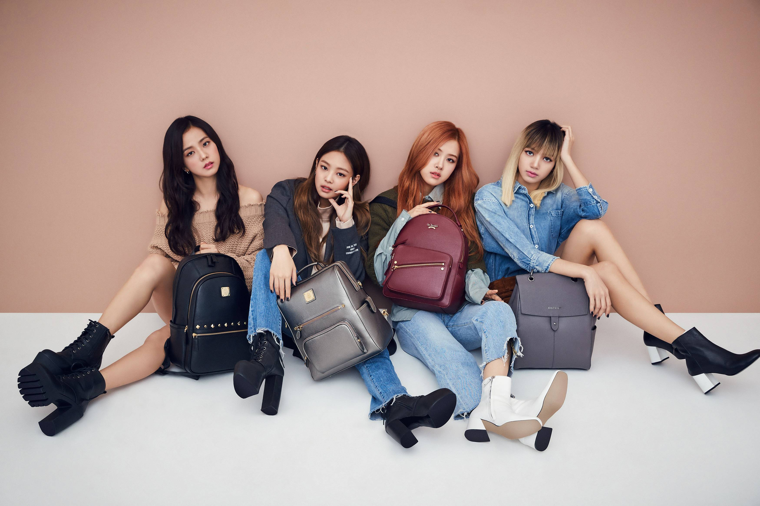 Blackpink members posing with backpacks HD Wallpaper
