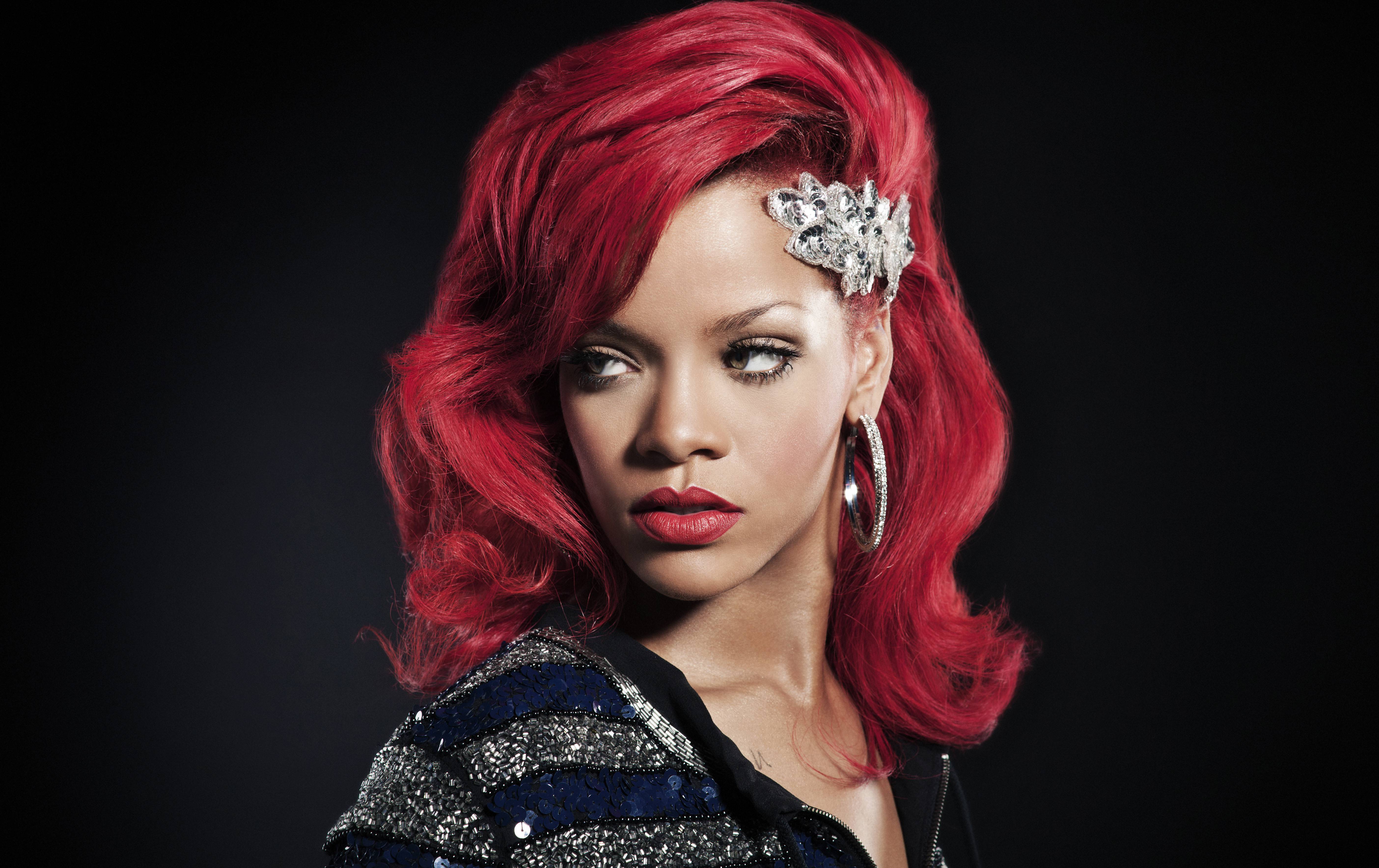 Rihanna with red hair and jeweled hair clip HD Wallpaper