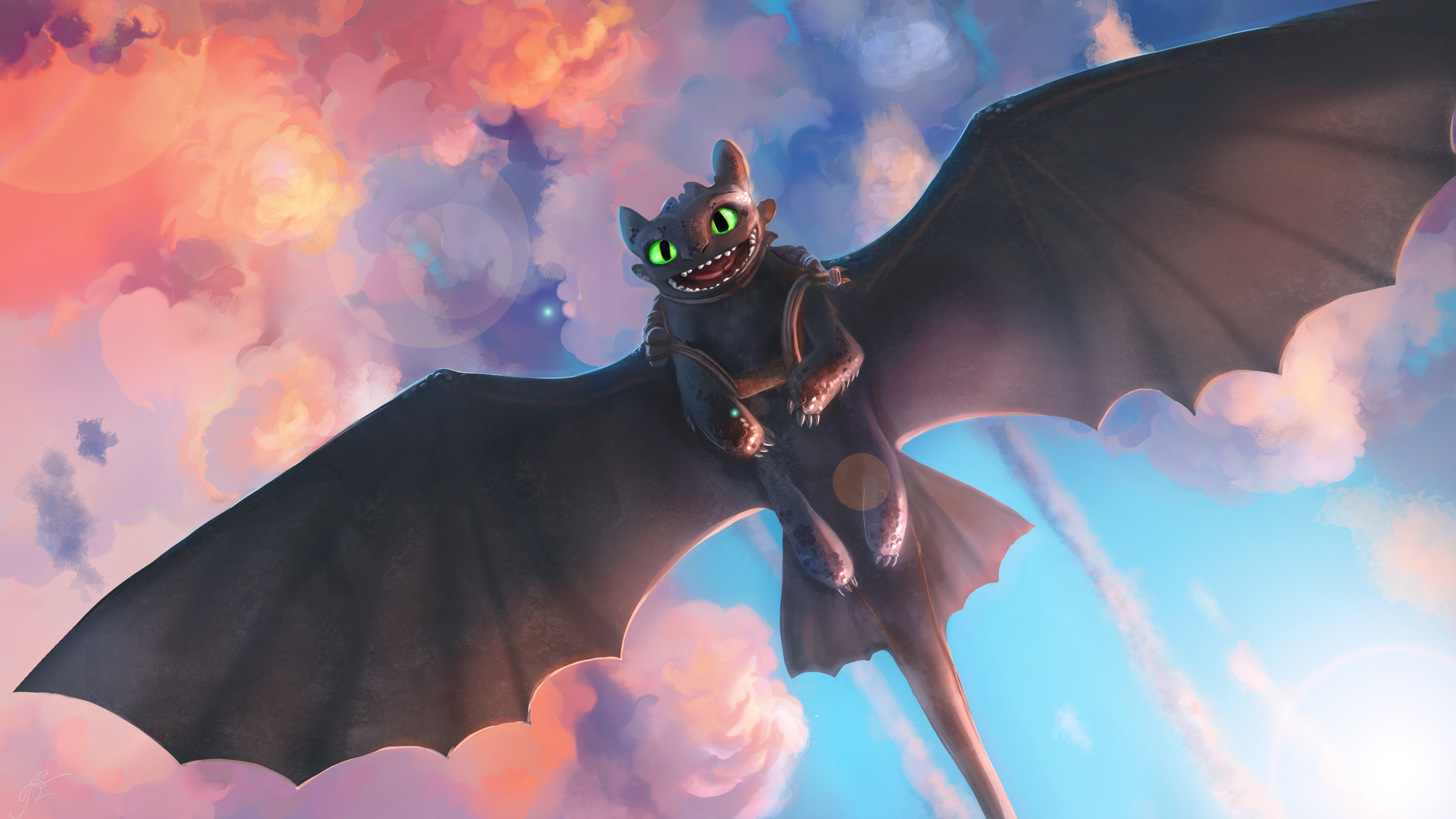 Toothless Night Fury Dragon Soaring in Vibrant Sky 4K HD Wallpaper
