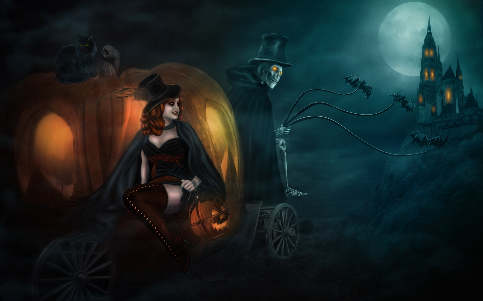 Halloween Witch and Skeleton with Castle HD Wallpaper