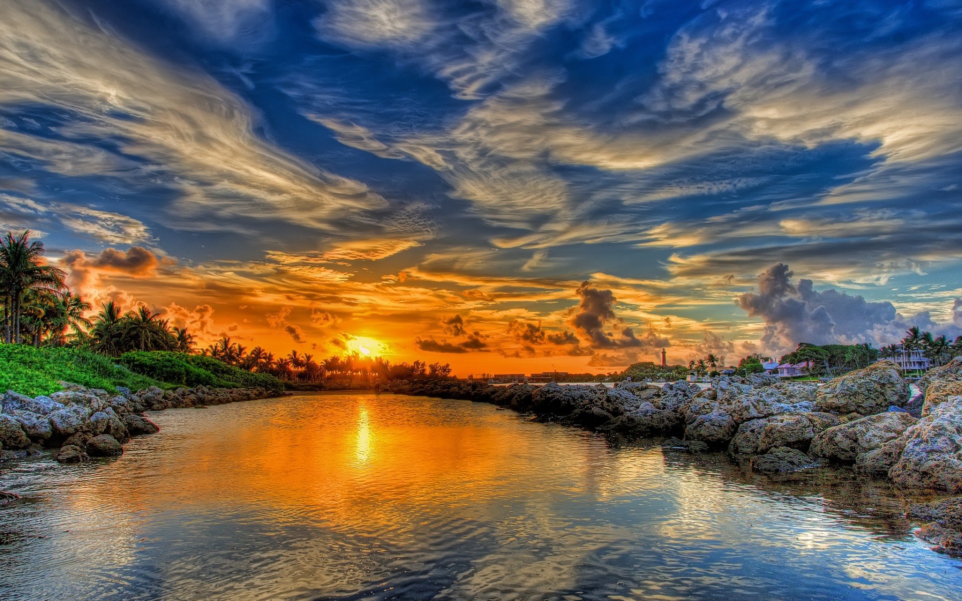 Sunset over a tropical bay with rocky shores HD Wallpaper