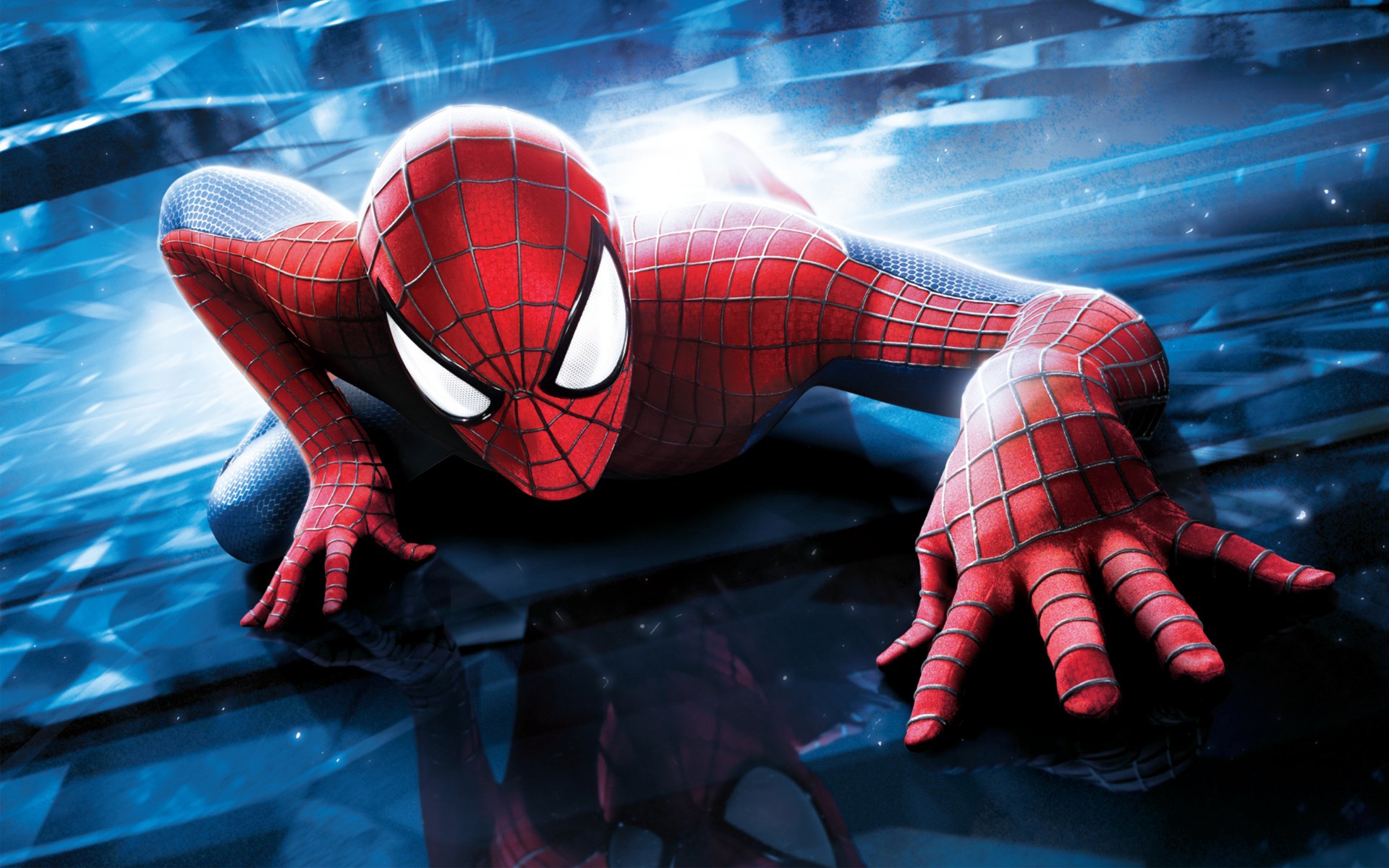 Spider-Man crawling on a reflective surface HD Wallpaper