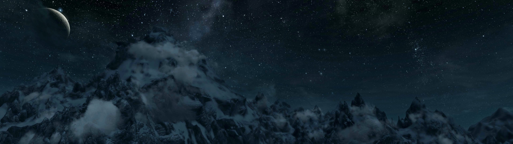 Snowy mountains under a starry night sky with a moon HD Wallpaper