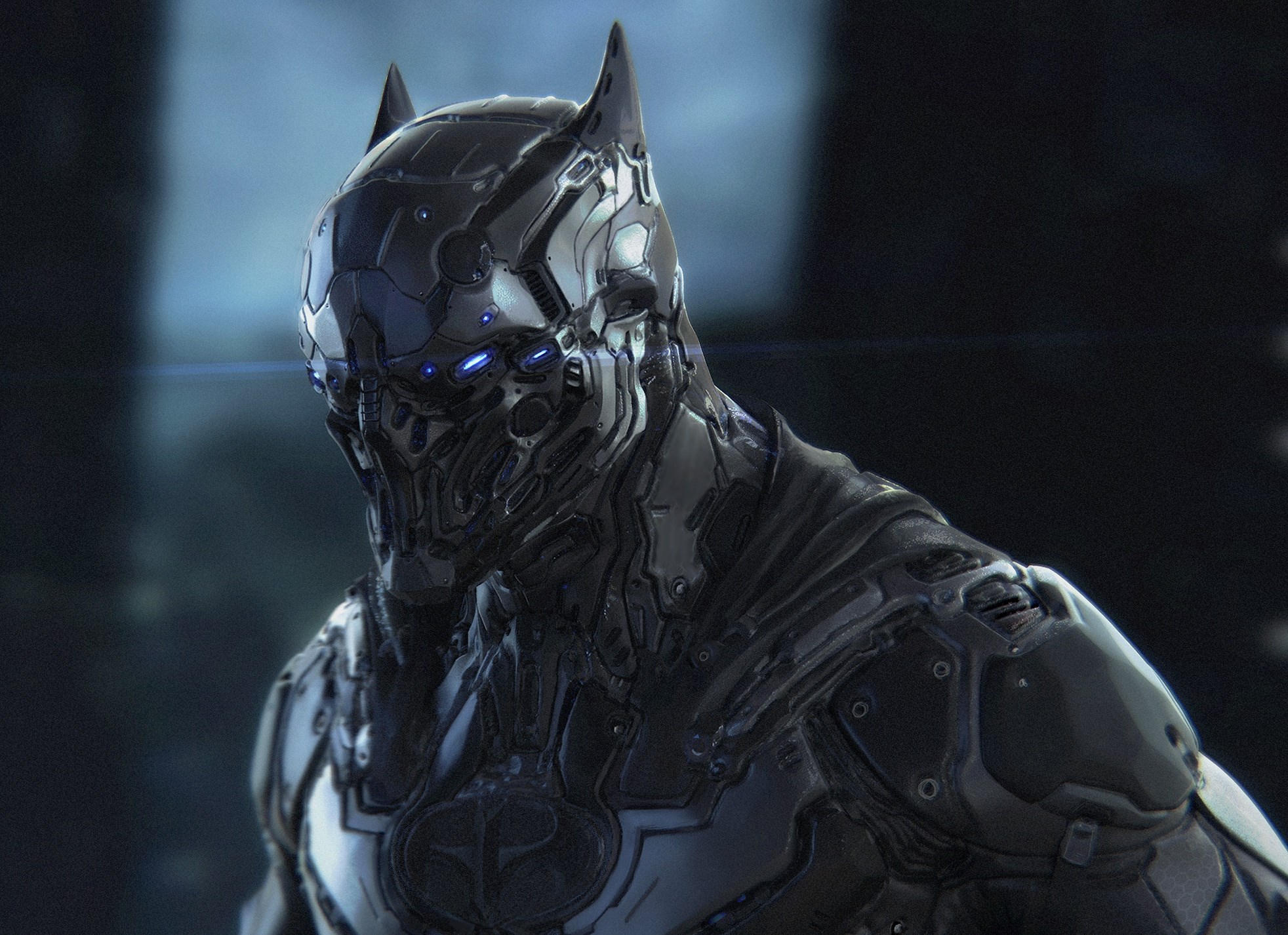 Futuristic Batman armor with blue glowing eyes HD Wallpaper