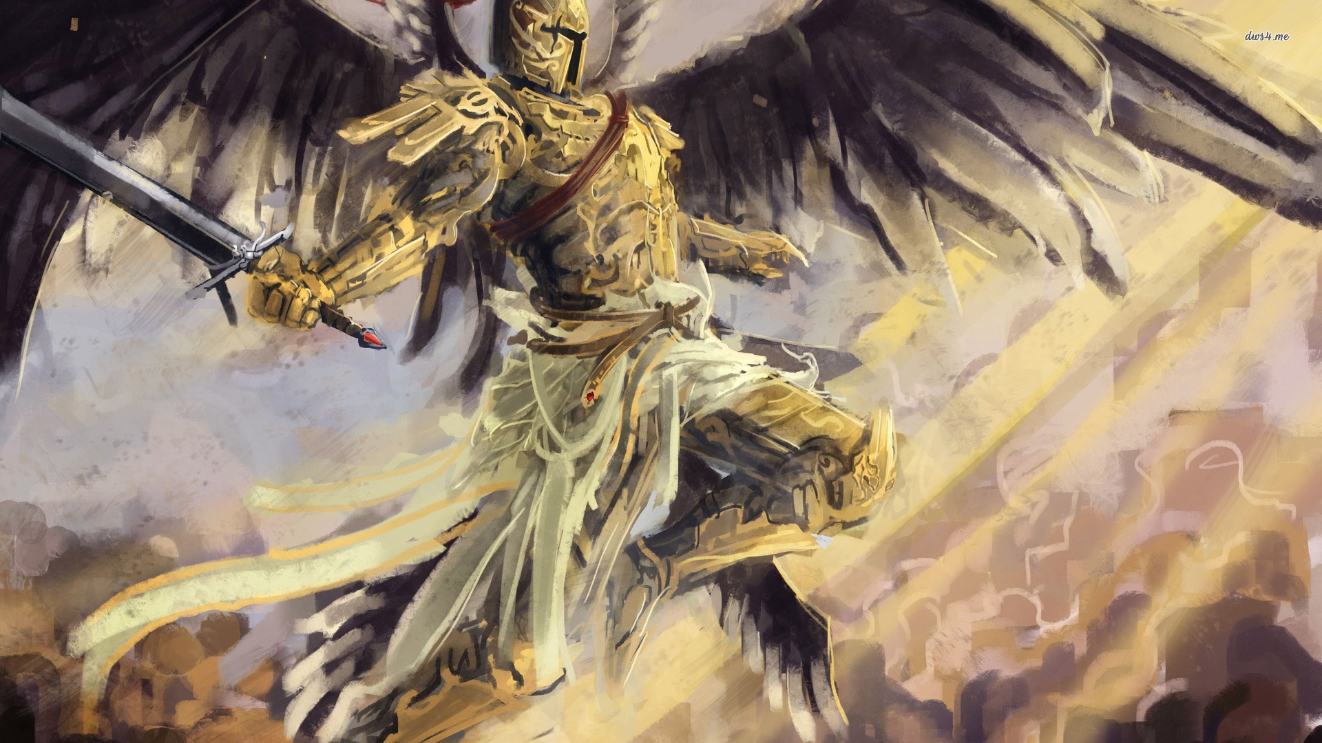 Golden Angel Warrior with Sword and Wings HD Wallpaper