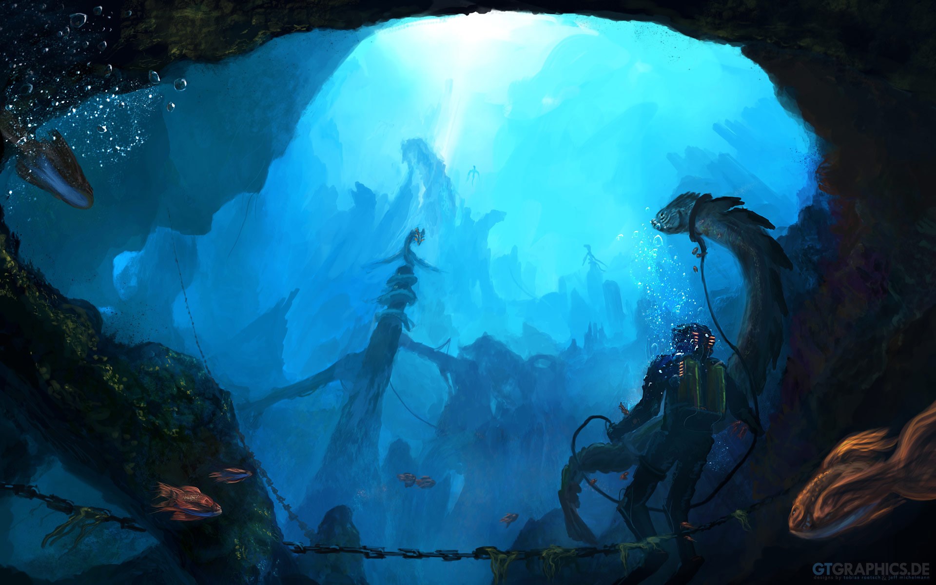 Underwater cave with diver and sea creatures HD Wallpaper