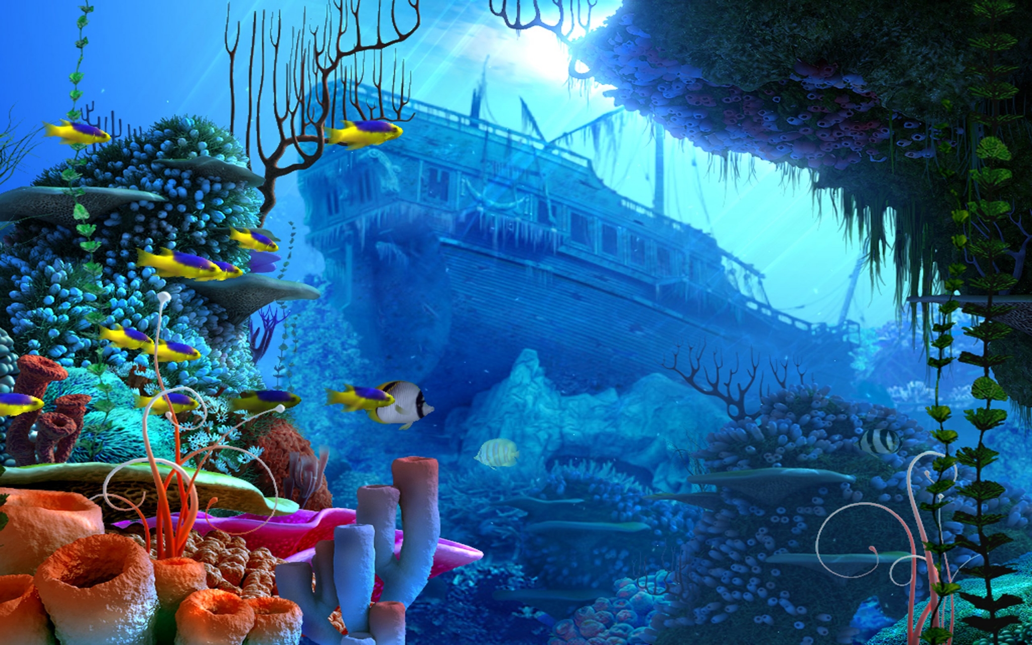 Underwater Shipwreck with Coral and Fish HD Wallpaper