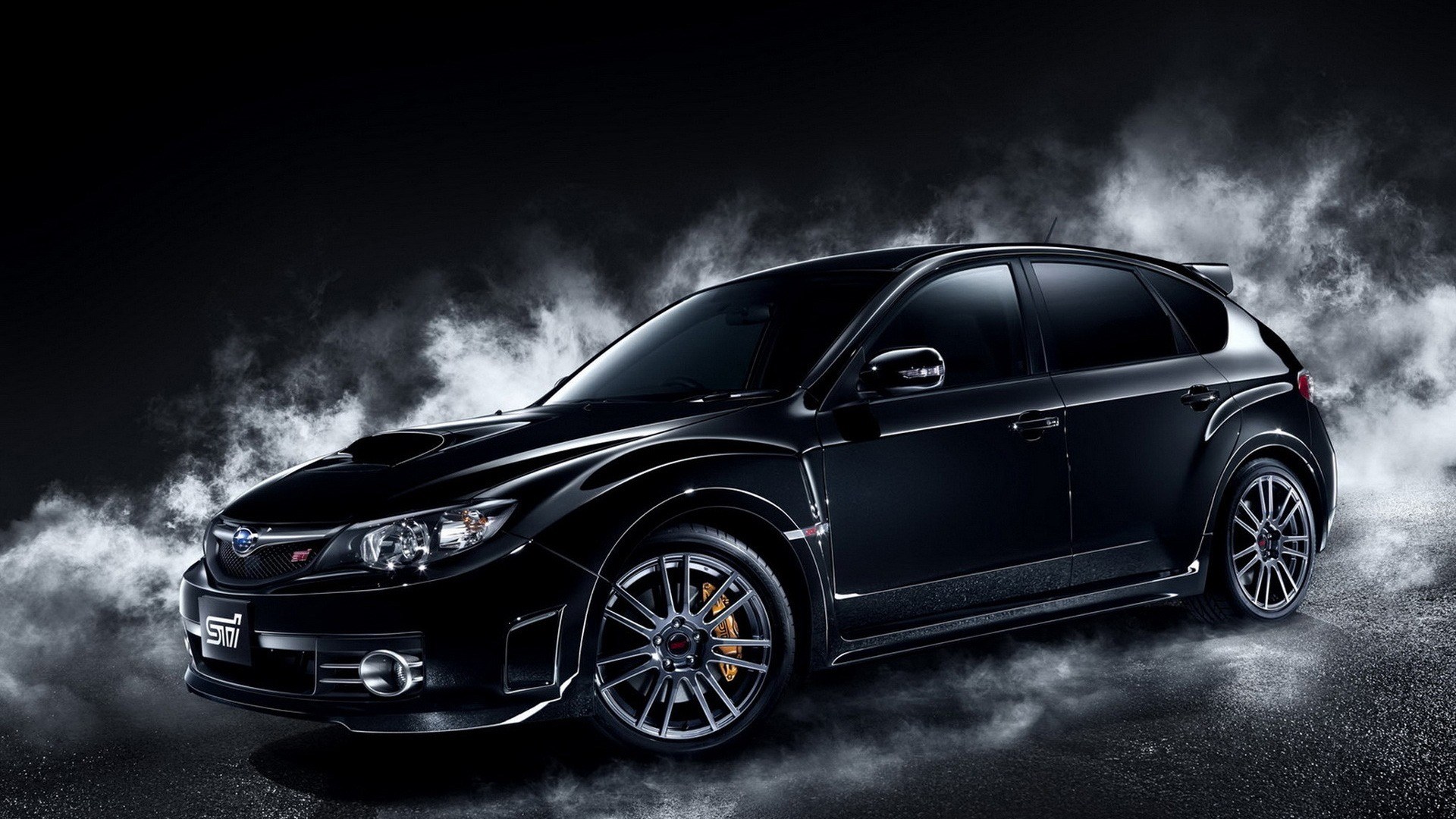 Black Subaru Impreza WRX STI hatchback in smoke HD Wallpaper