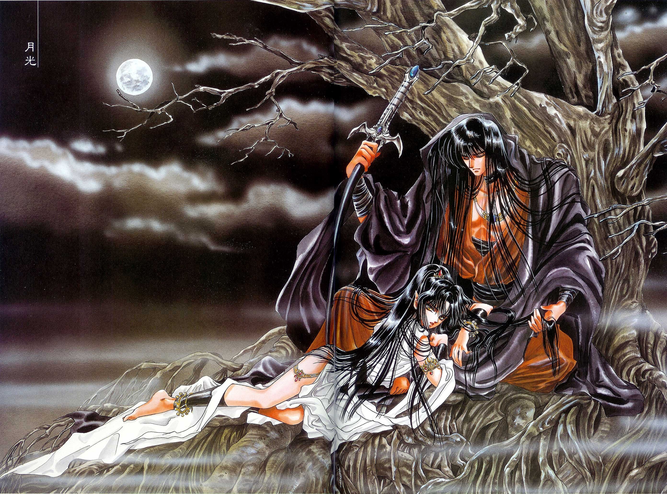 RG Veda couple under a tree with moon HD Wallpaper