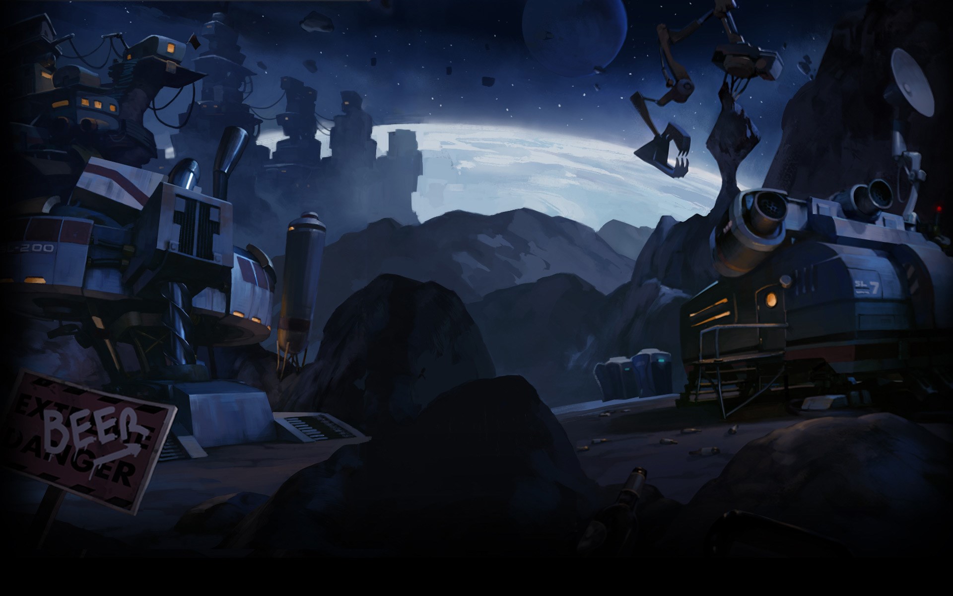 Sci-fi outpost on a rocky planet with a large planet in the sky HD Wallpaper