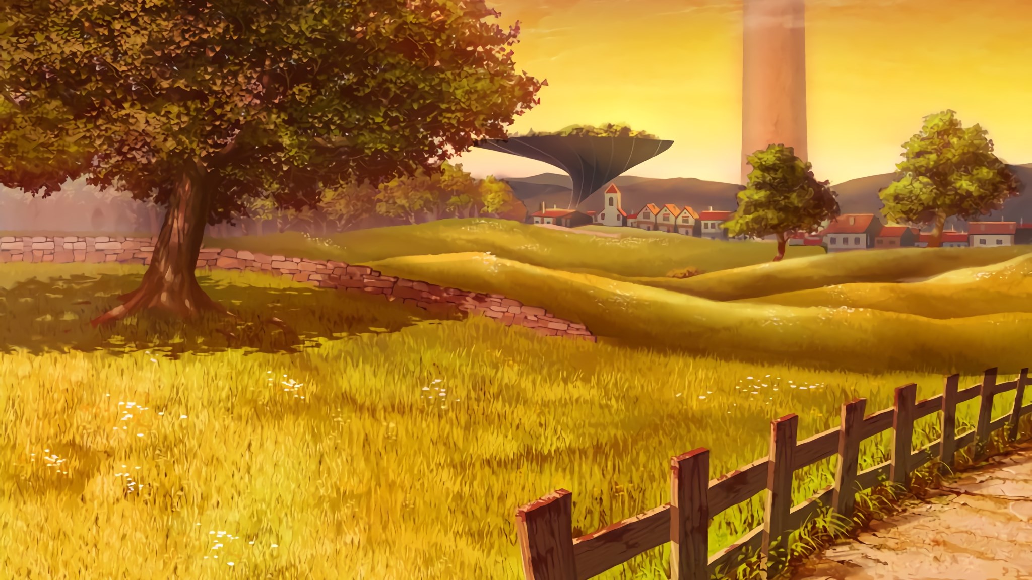Sword Art Online landscape with village and tower HD Wallpaper