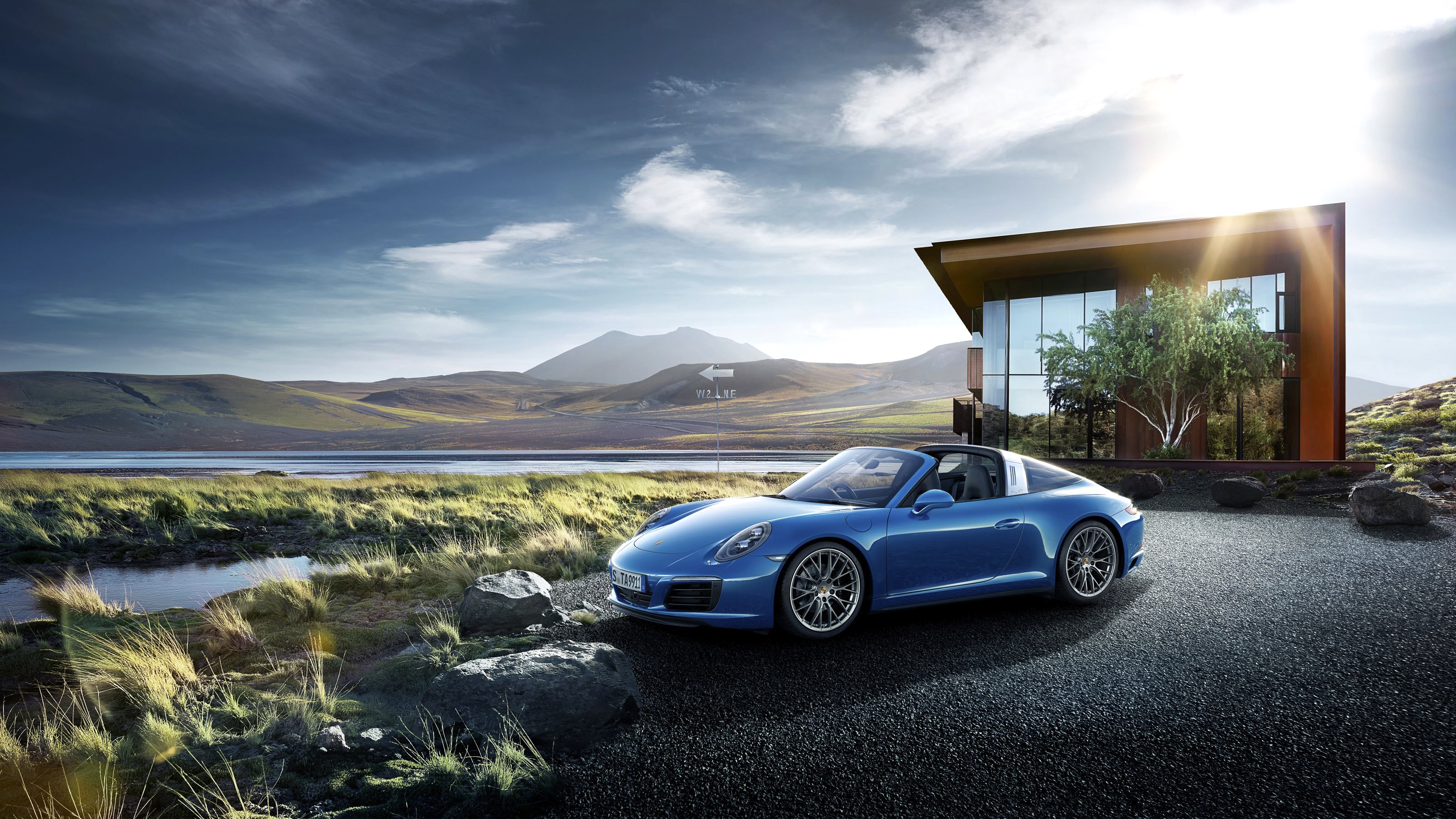 Blue Porsche 911 Targa near a modern house HD Wallpaper