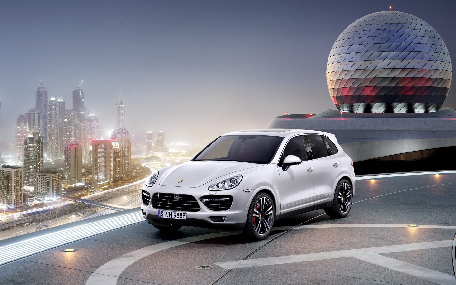 White Porsche Cayenne Turbo S in futuristic city HD Wallpaper