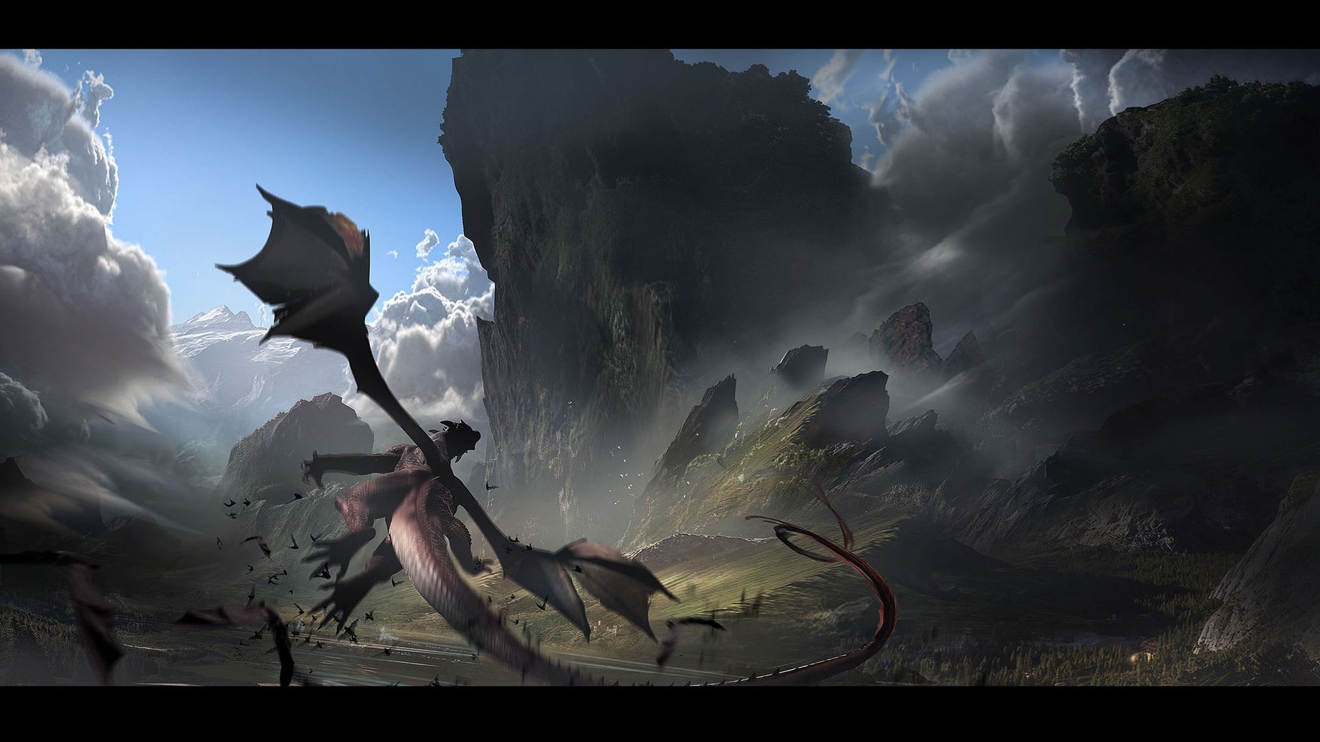 Dragon flying in a mountainous landscape HD Wallpaper