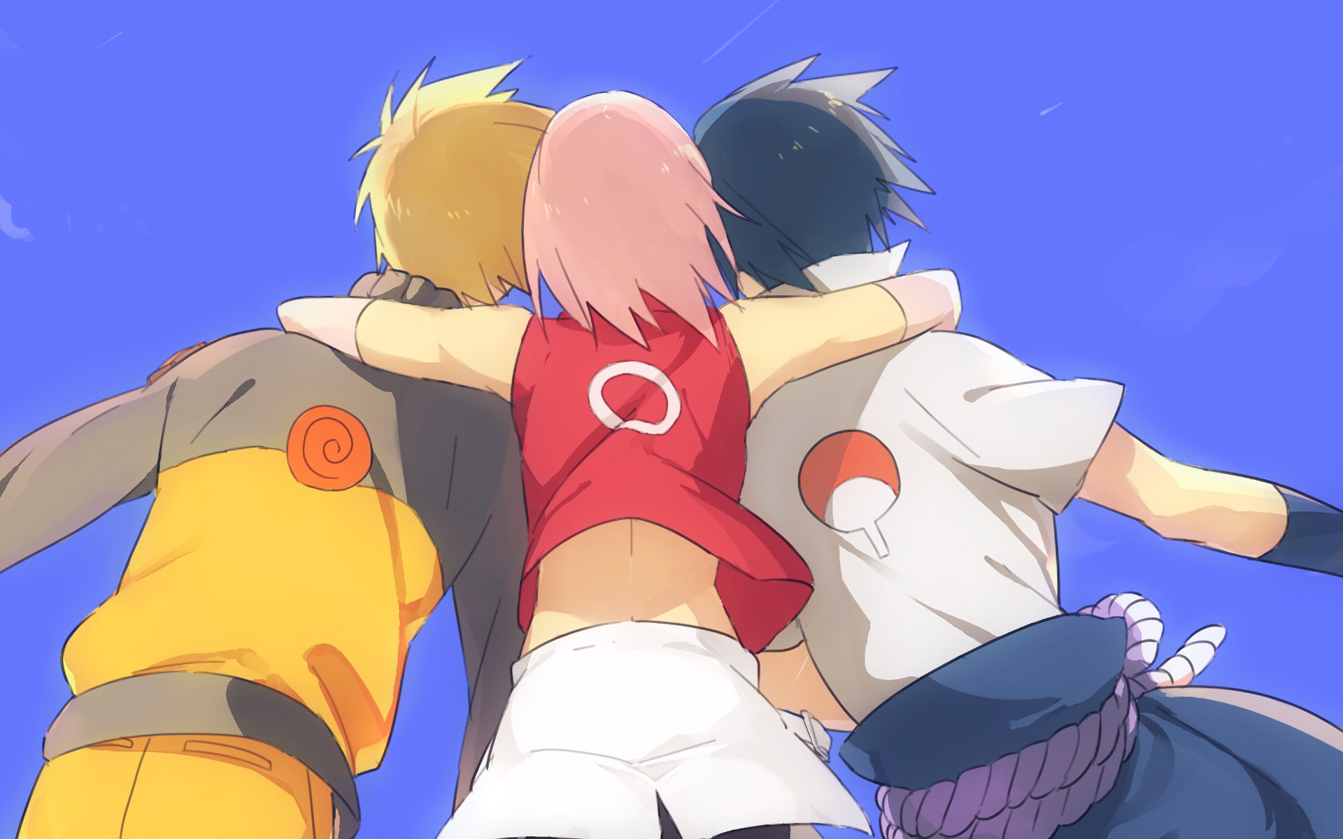 Naruto, Sasuke, and Sakura hugging HD Wallpaper