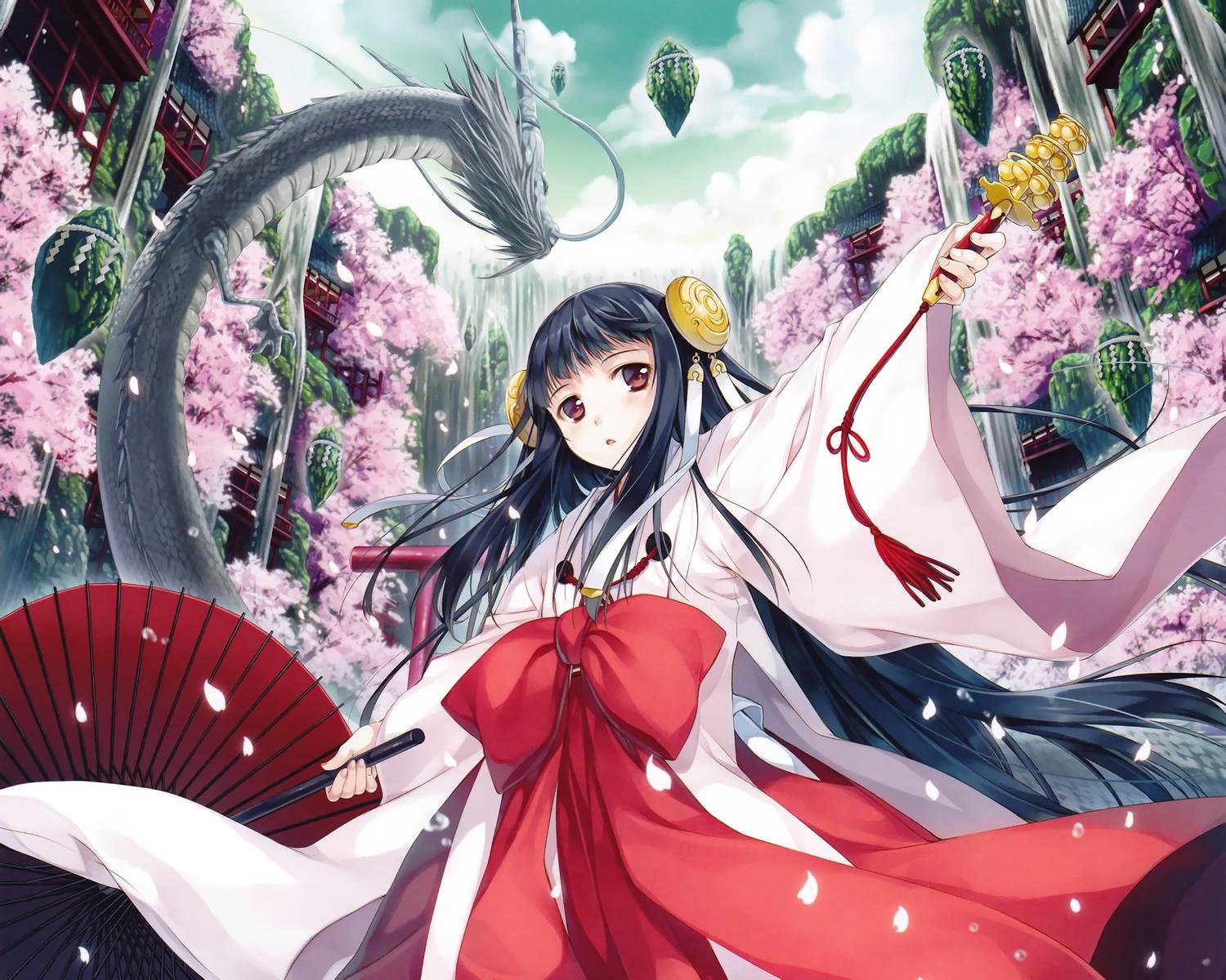Miko with a dragon and cherry blossoms HD Wallpaper
