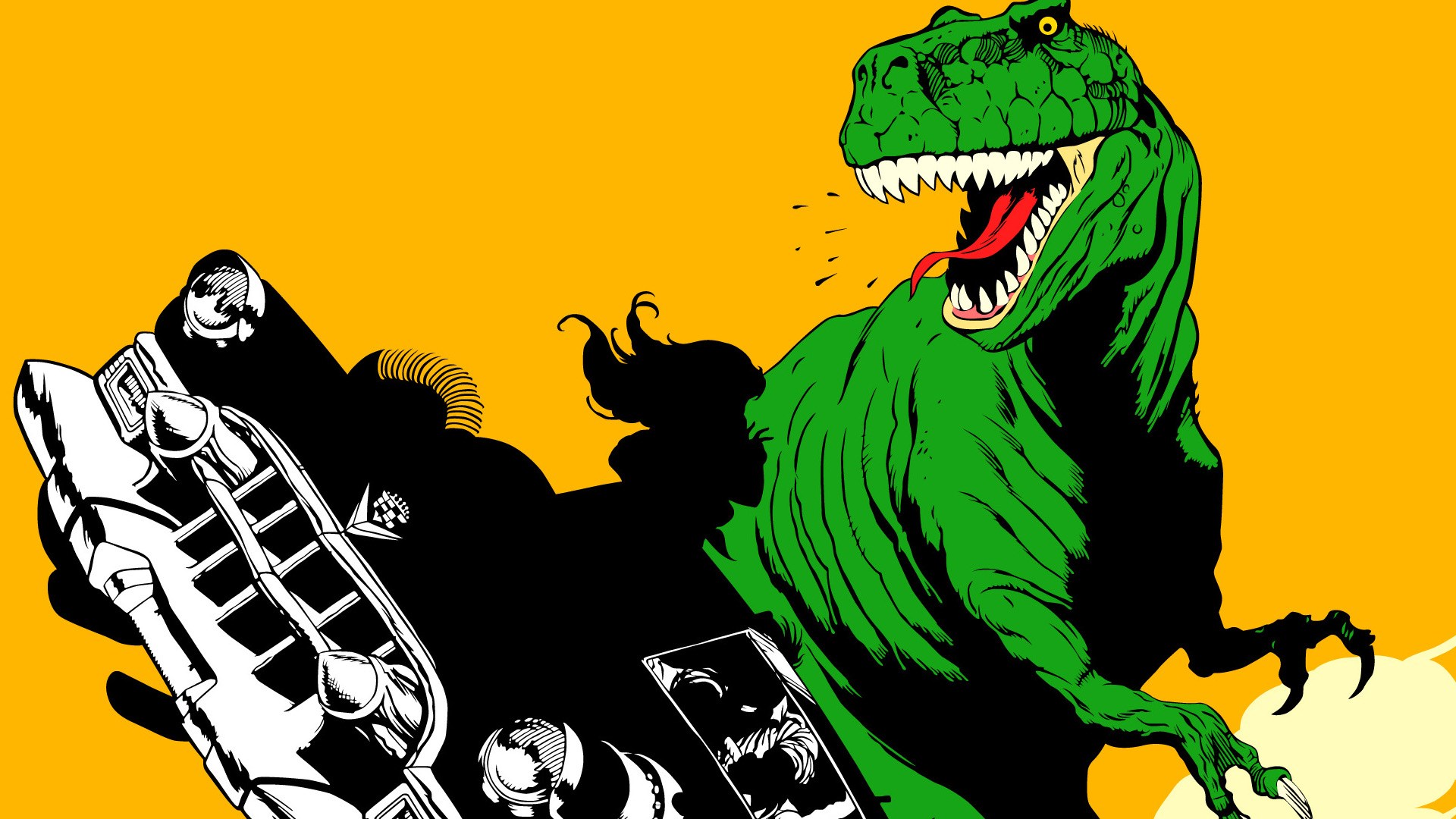 Green Tyrannosaurus Rex attacking a classic car HD Wallpaper