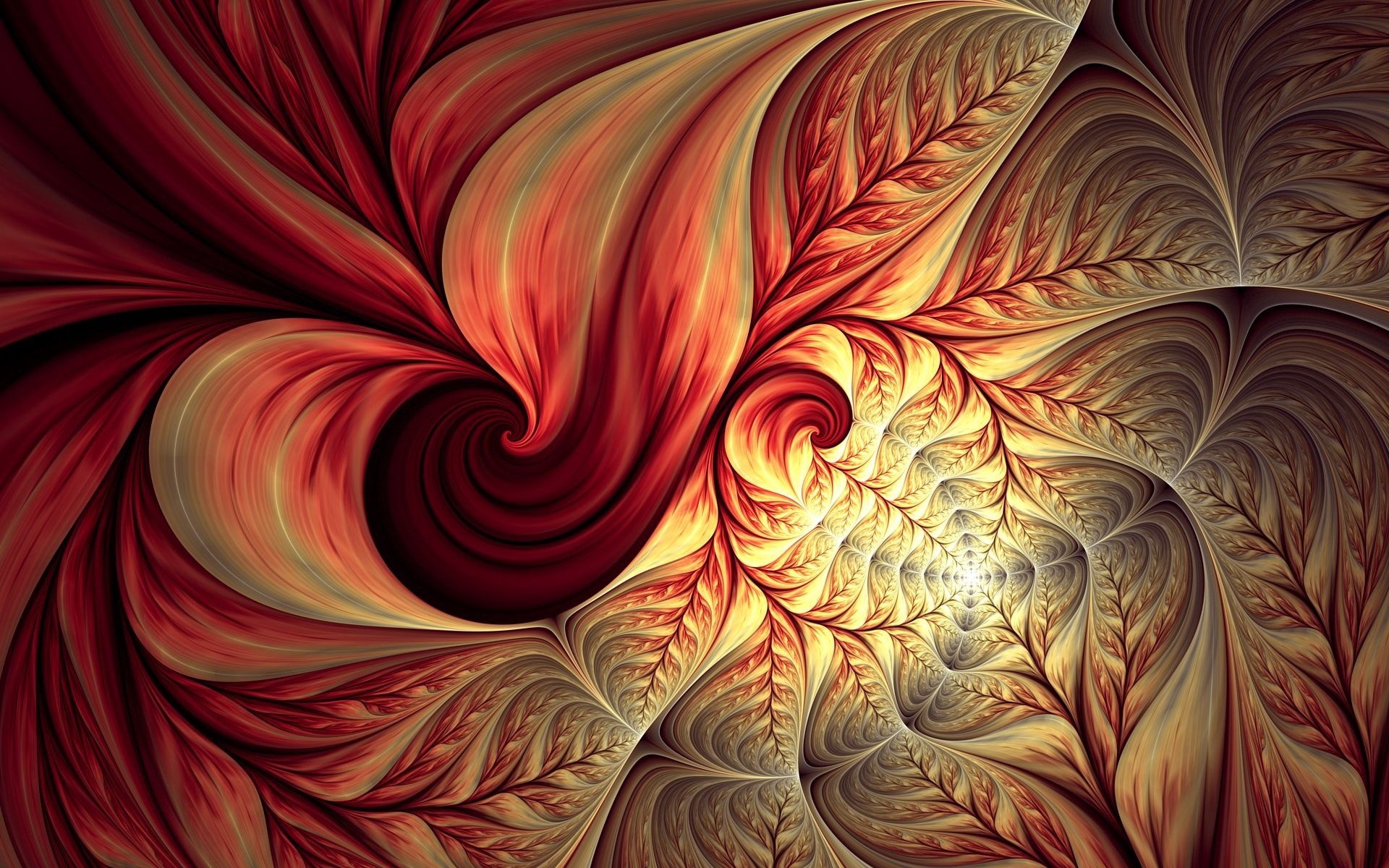 Fiery Fractal Swirl with Leaf Patterns HD Wallpaper
